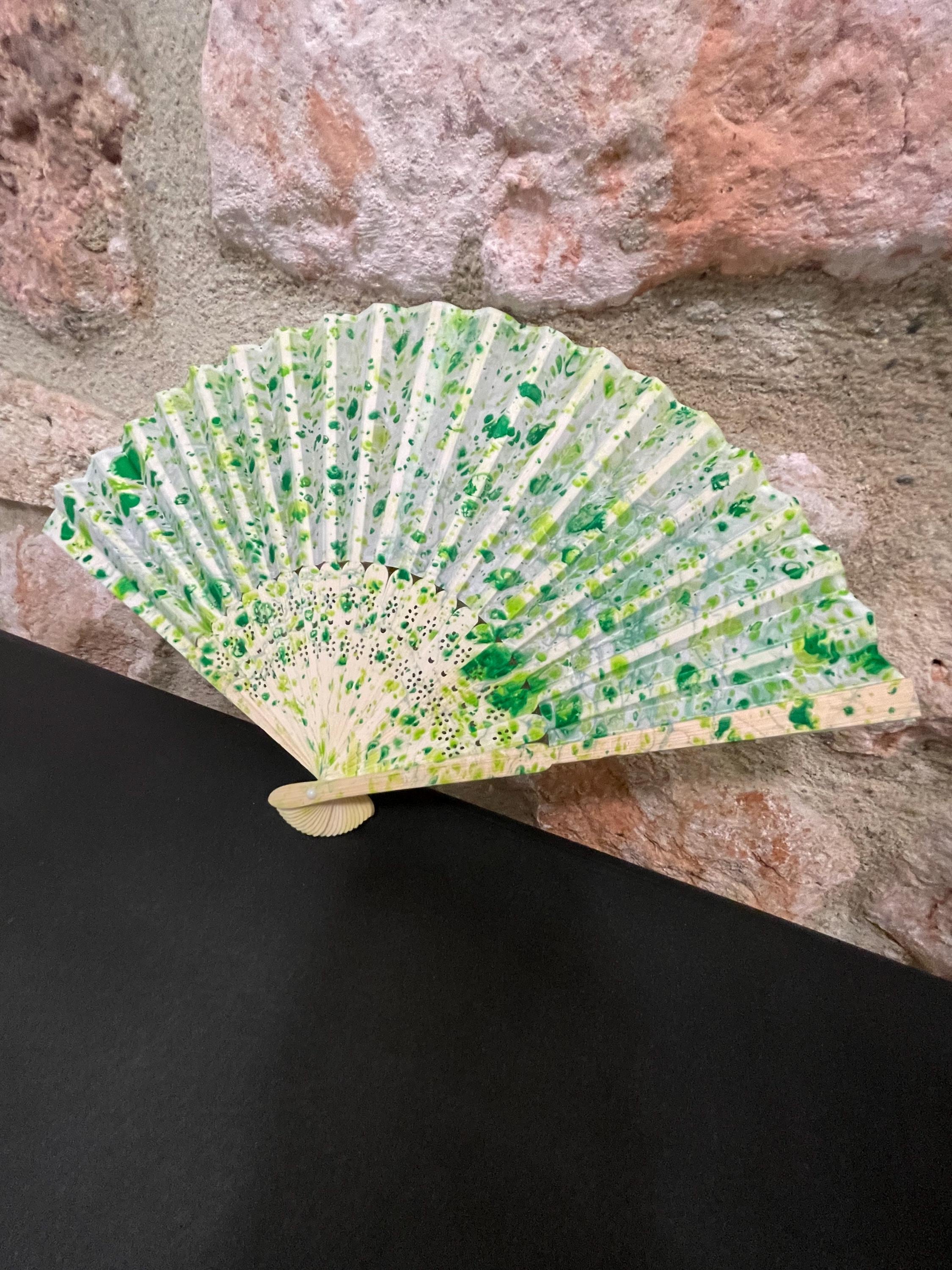 Hand-Marbled Silk Fan – Yellow & Green | One-of-a-Kind Handmade Accessory