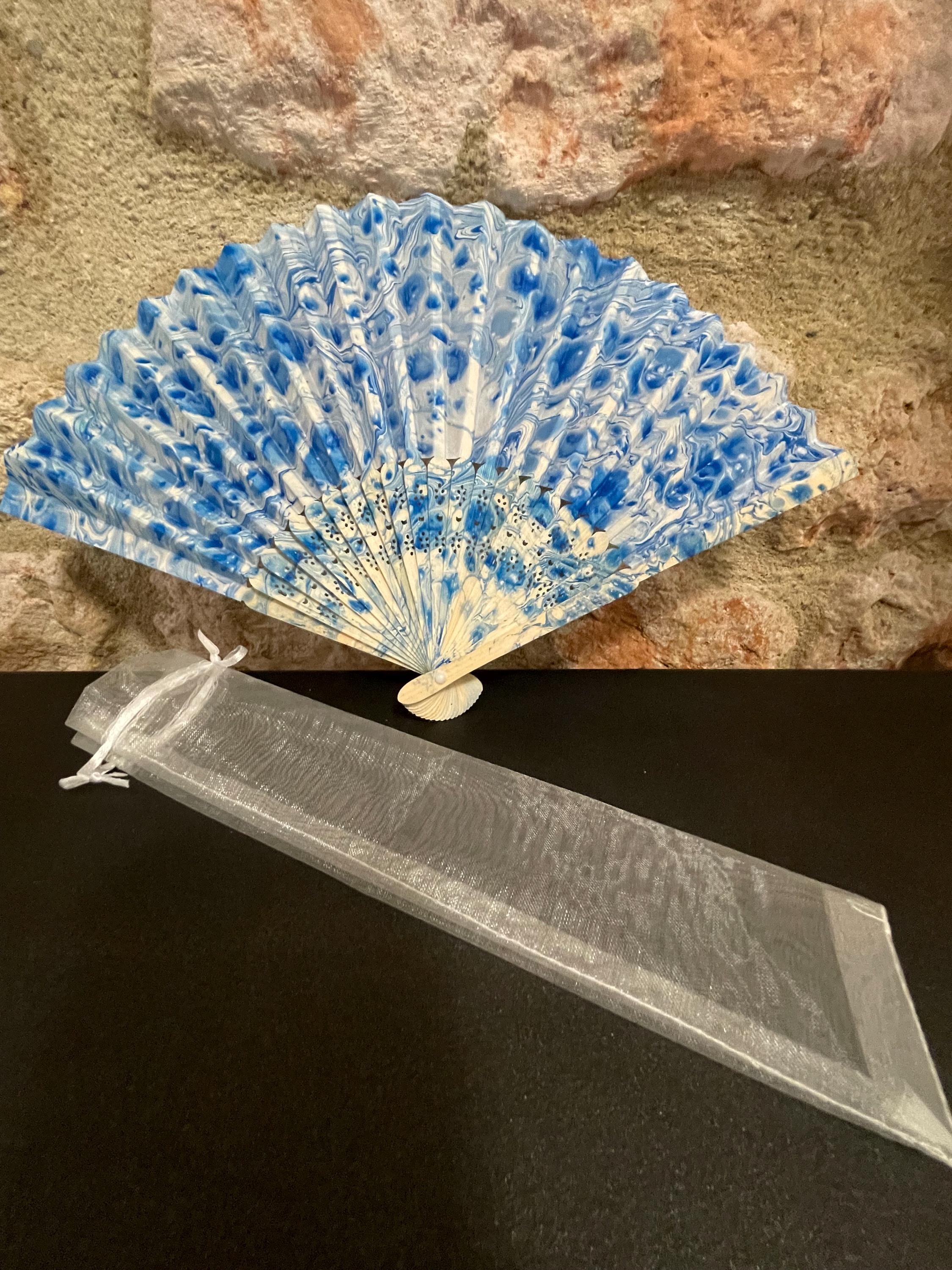 Hand-Marbled Silk Fan – Blue and White | One-of-a-Kind Handmade Accessory