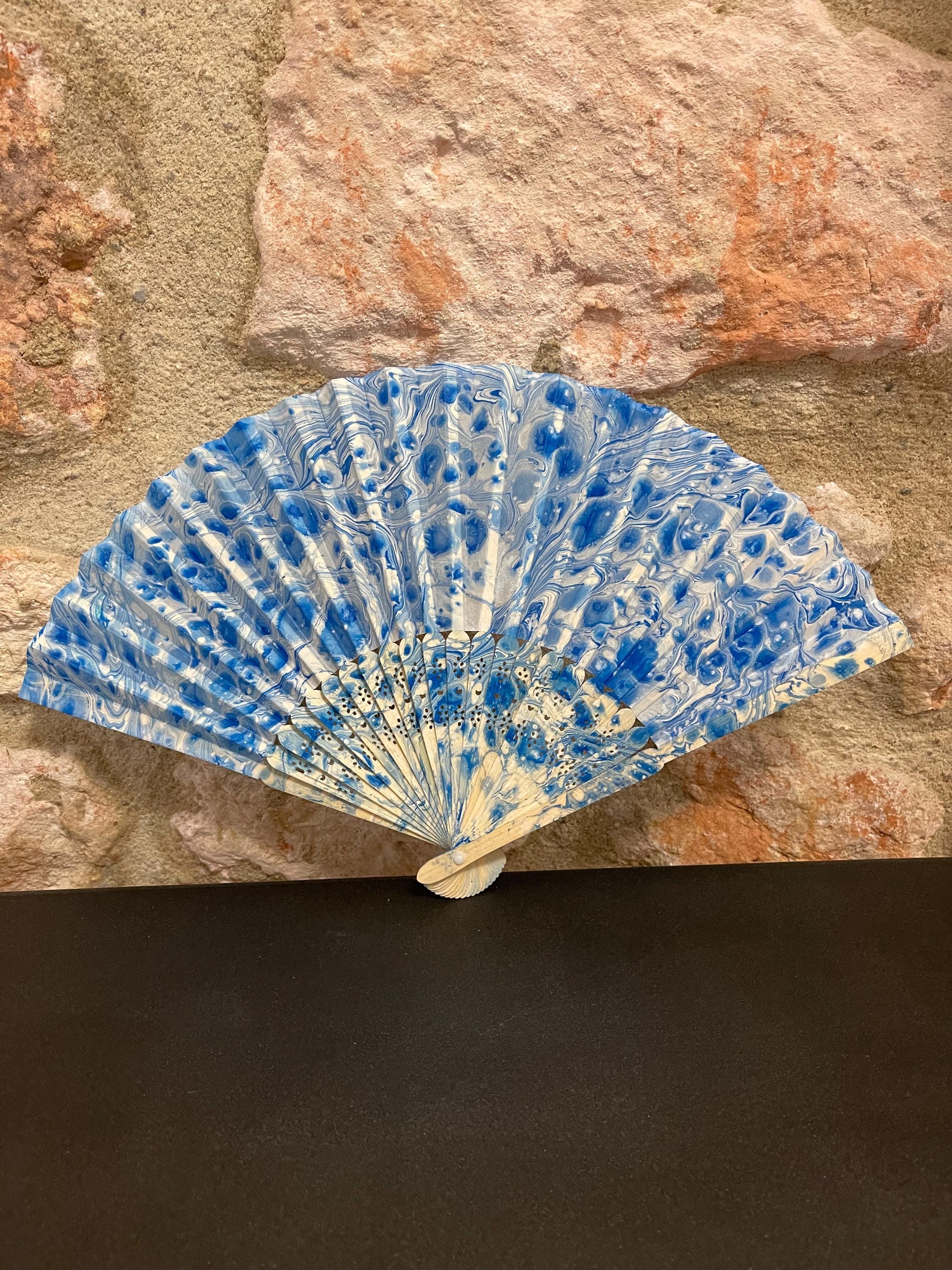 Hand-Marbled Silk Fan – Blue and White | One-of-a-Kind Handmade Accessory