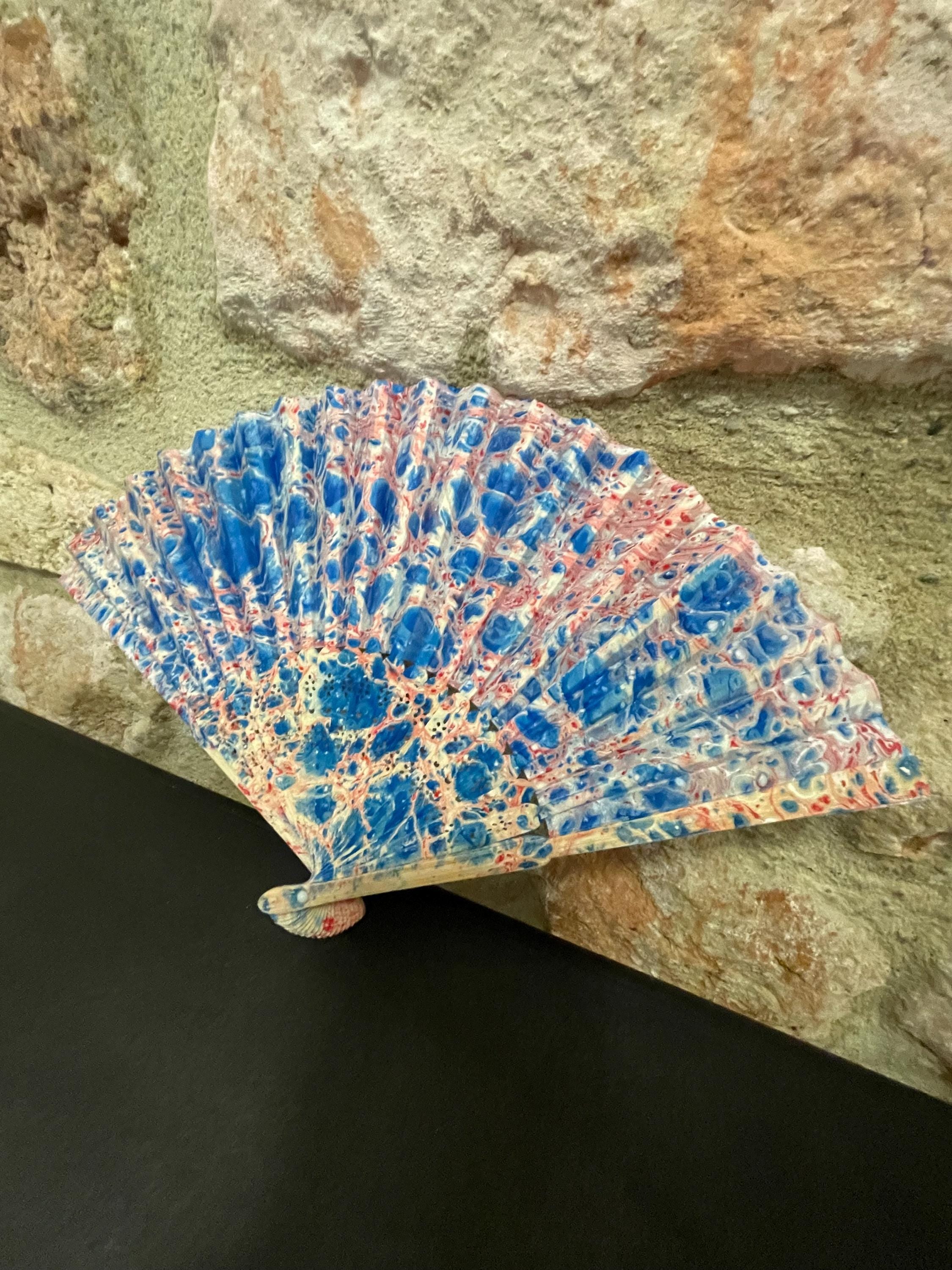Hand-Marbled Silk Fan – Pink and Blue | One-of-a-Kind Handmade Accessory