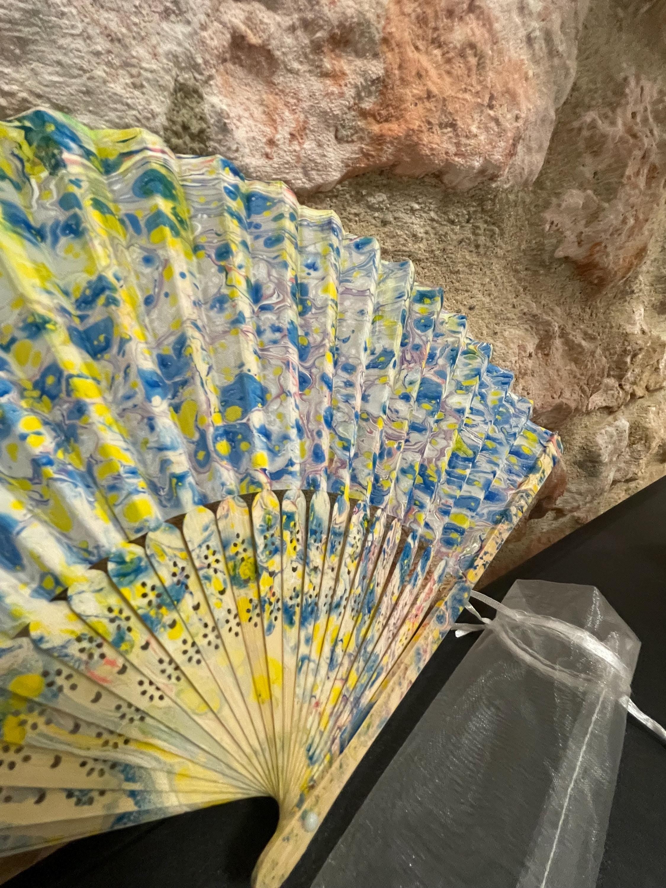 Hand-Marbled Silk Fan – Blue and Yellow | One-of-a-Kind Handmade Accessory
