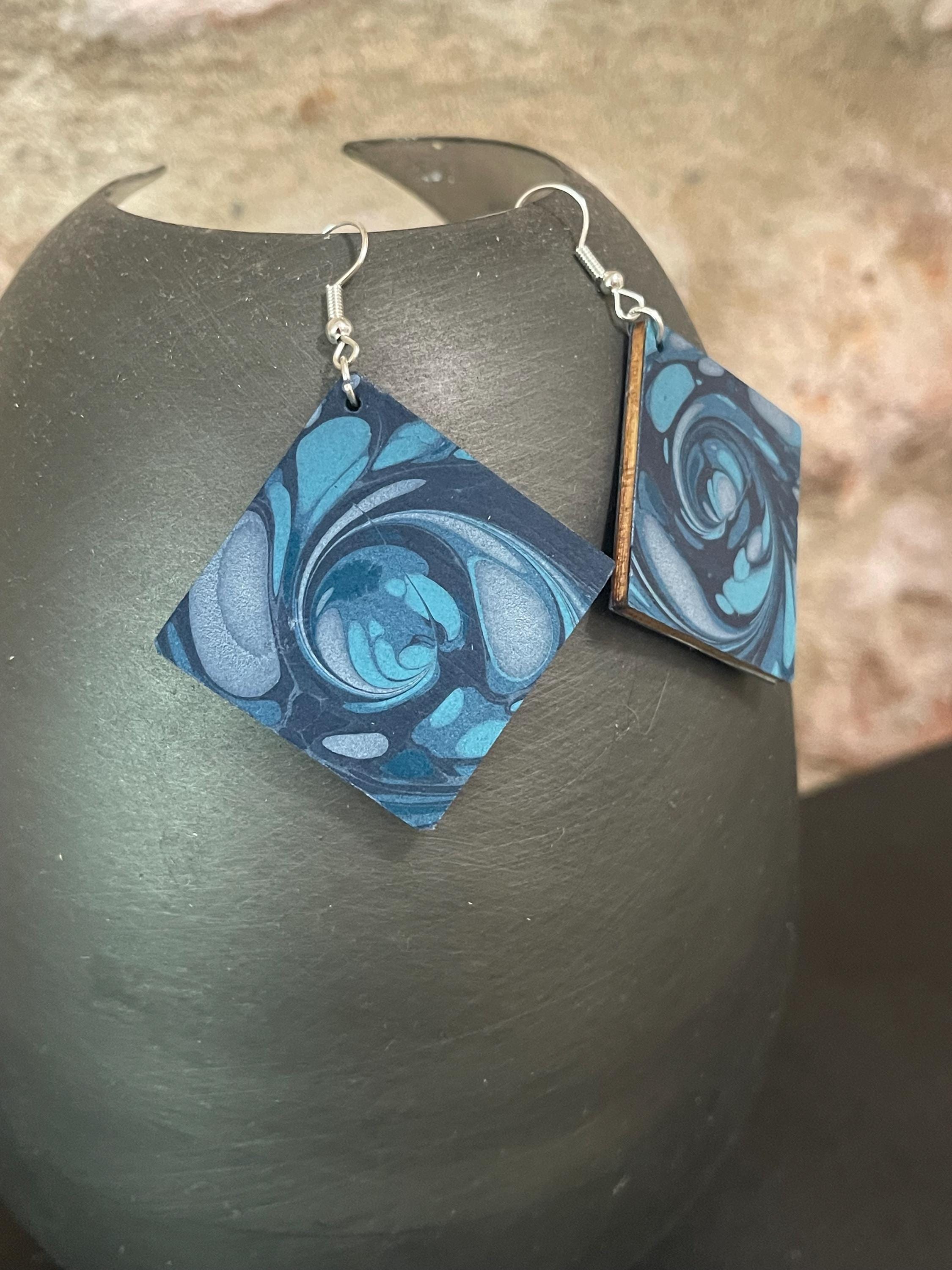 Square marbled dangle earrings, unique, with silver hyper allergenic hooks, whirl pattern in deep blues ideal paper anniversary present