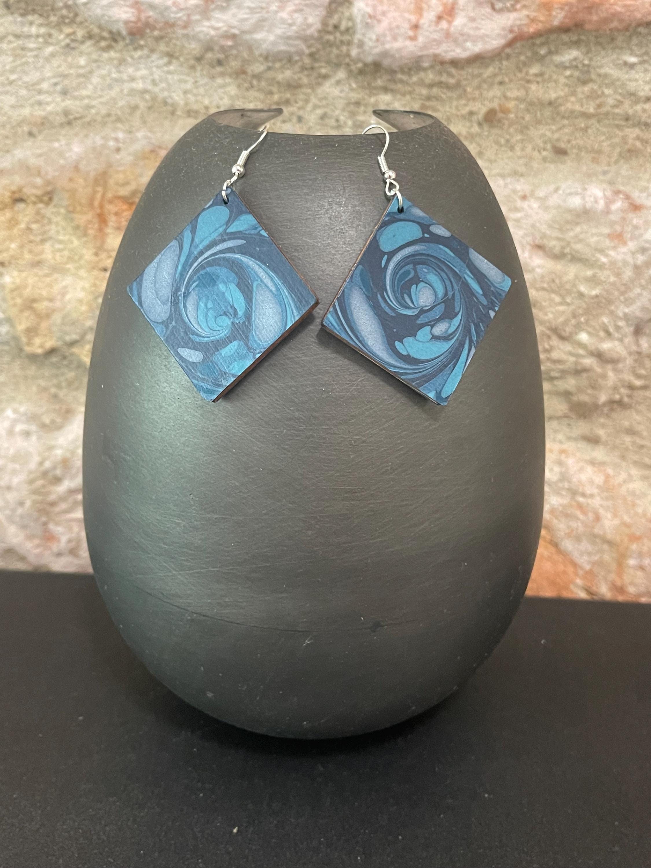 Square marbled dangle earrings, unique, with silver hyper allergenic hooks, whirl pattern in deep blues ideal paper anniversary present