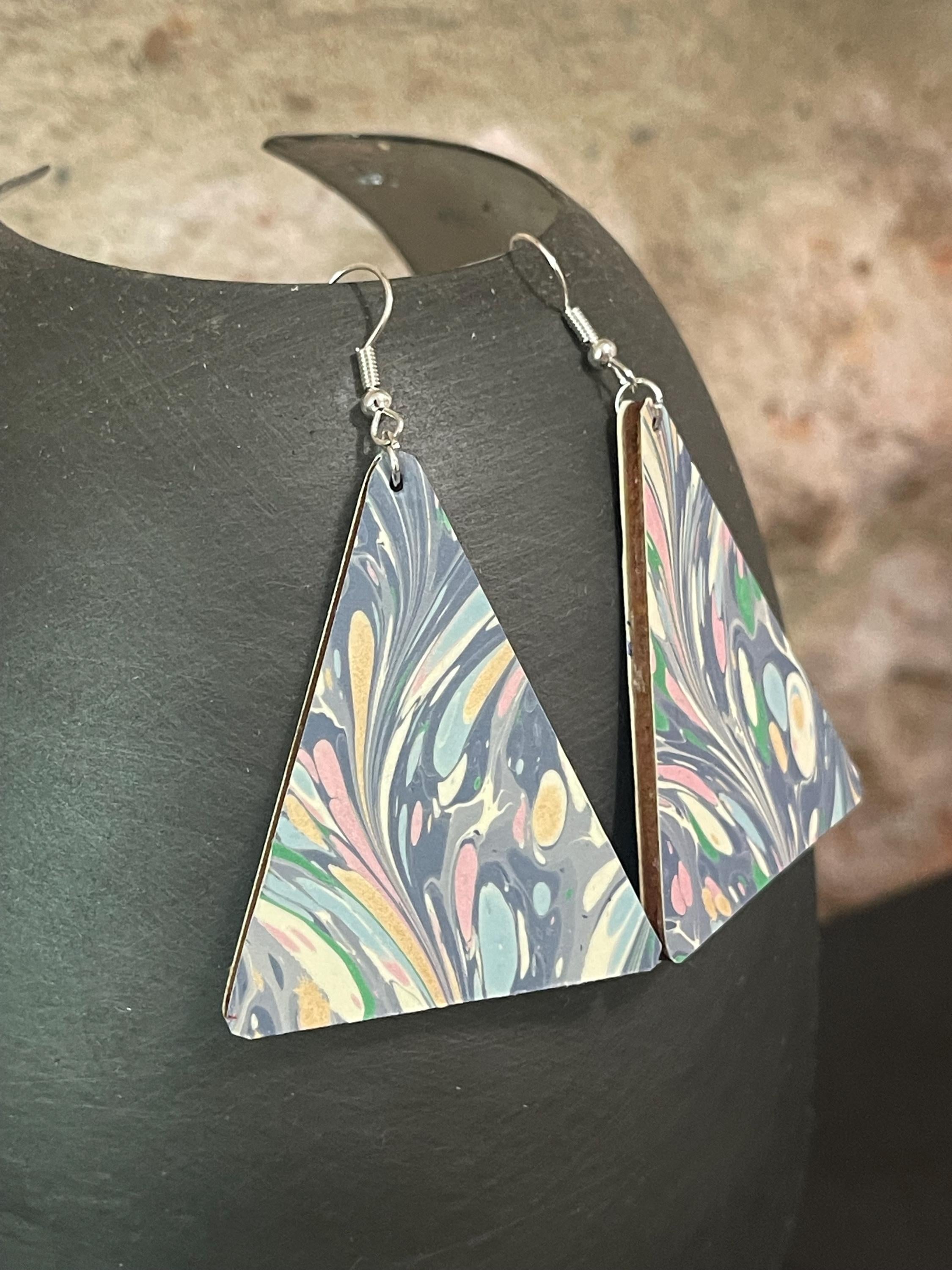 Triangular marbled dangle earrings, unique, with silver hyper allergenic hooks, light blues, greens, pinks, ideal paper anniversary present