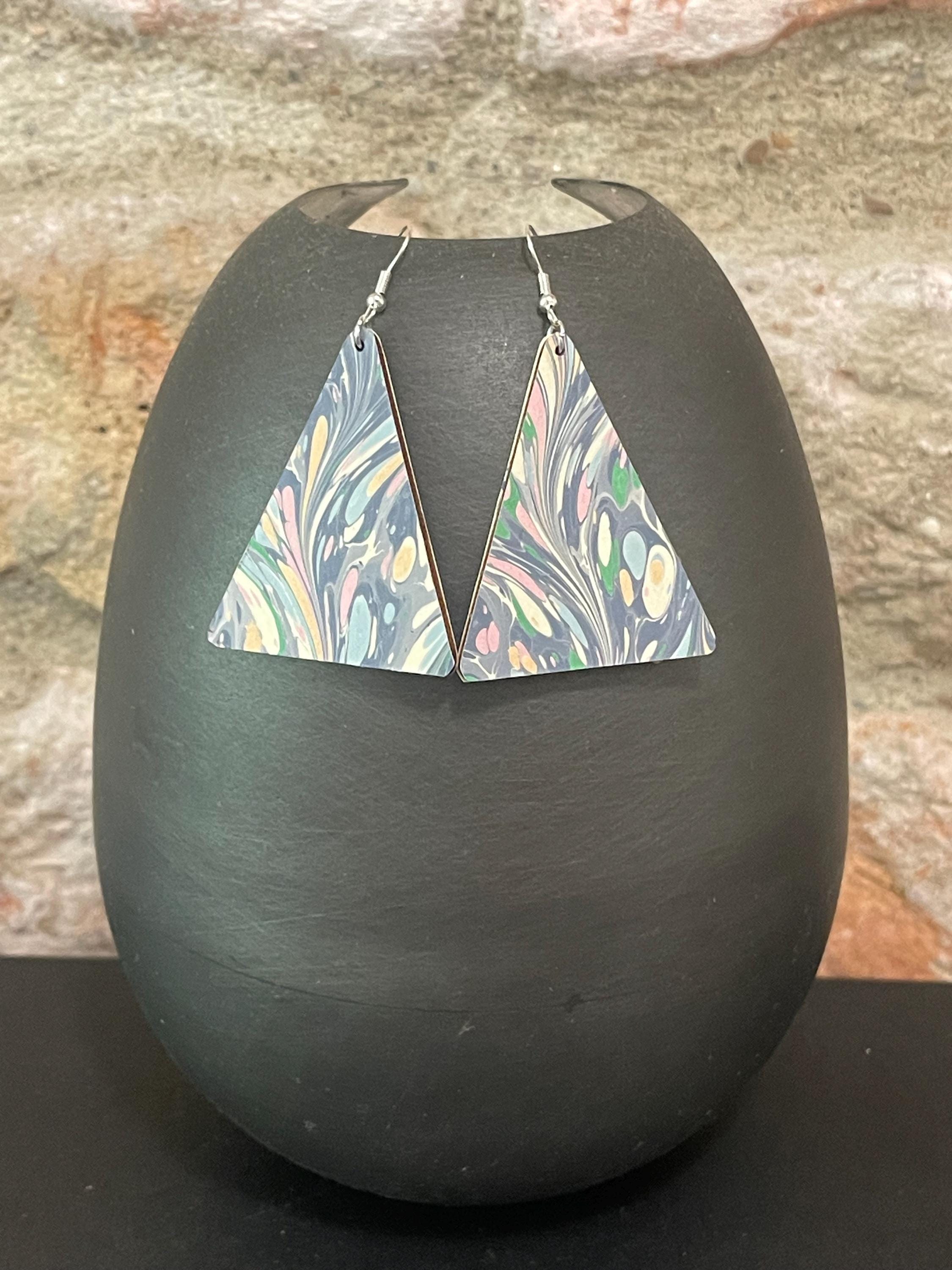 Triangular marbled dangle earrings, unique, with silver hyper allergenic hooks, light blues, greens, pinks, ideal paper anniversary present