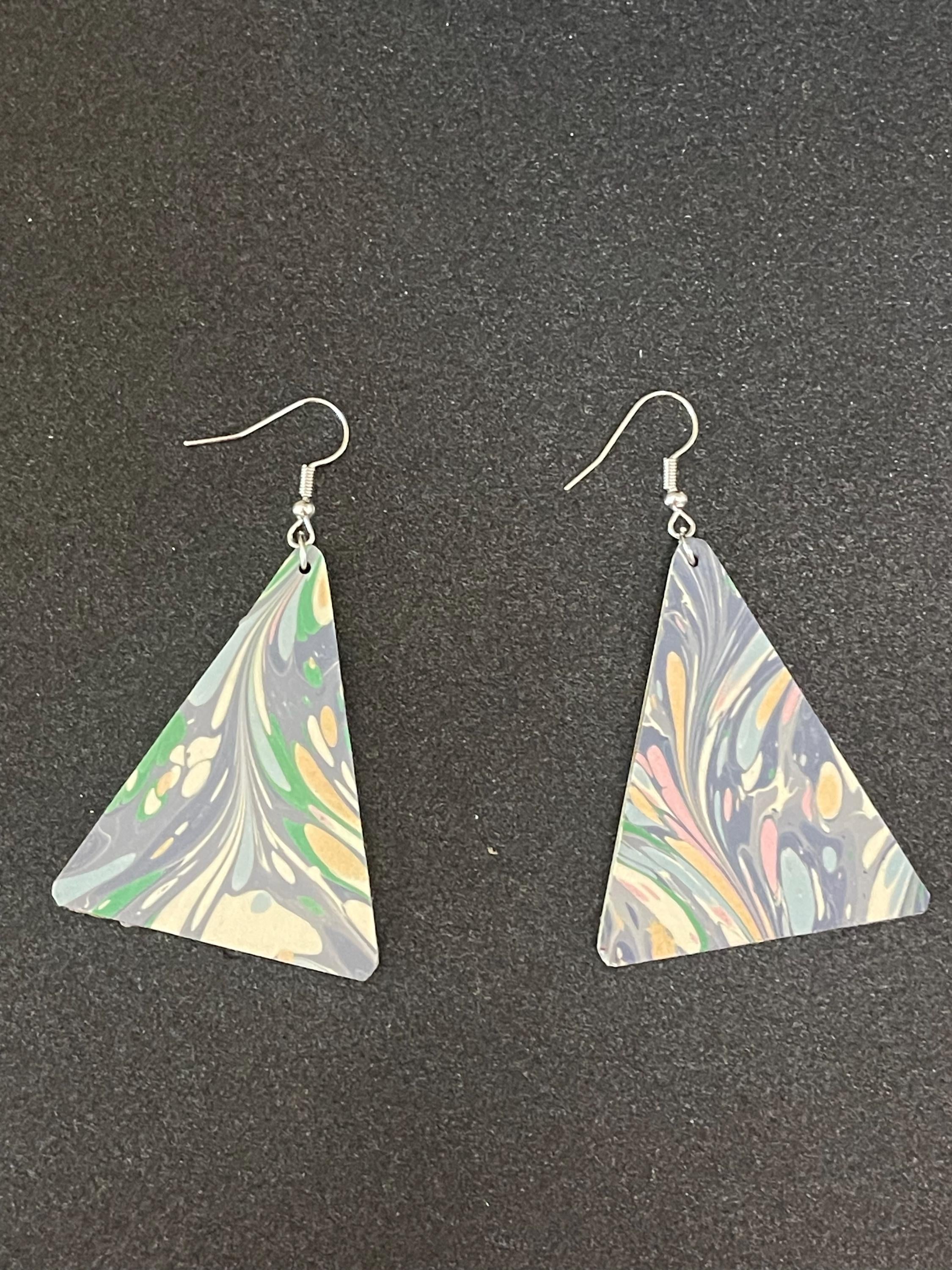 Triangular marbled dangle earrings, unique, with silver hyper allergenic hooks, light blues, greens, pinks, ideal paper anniversary present