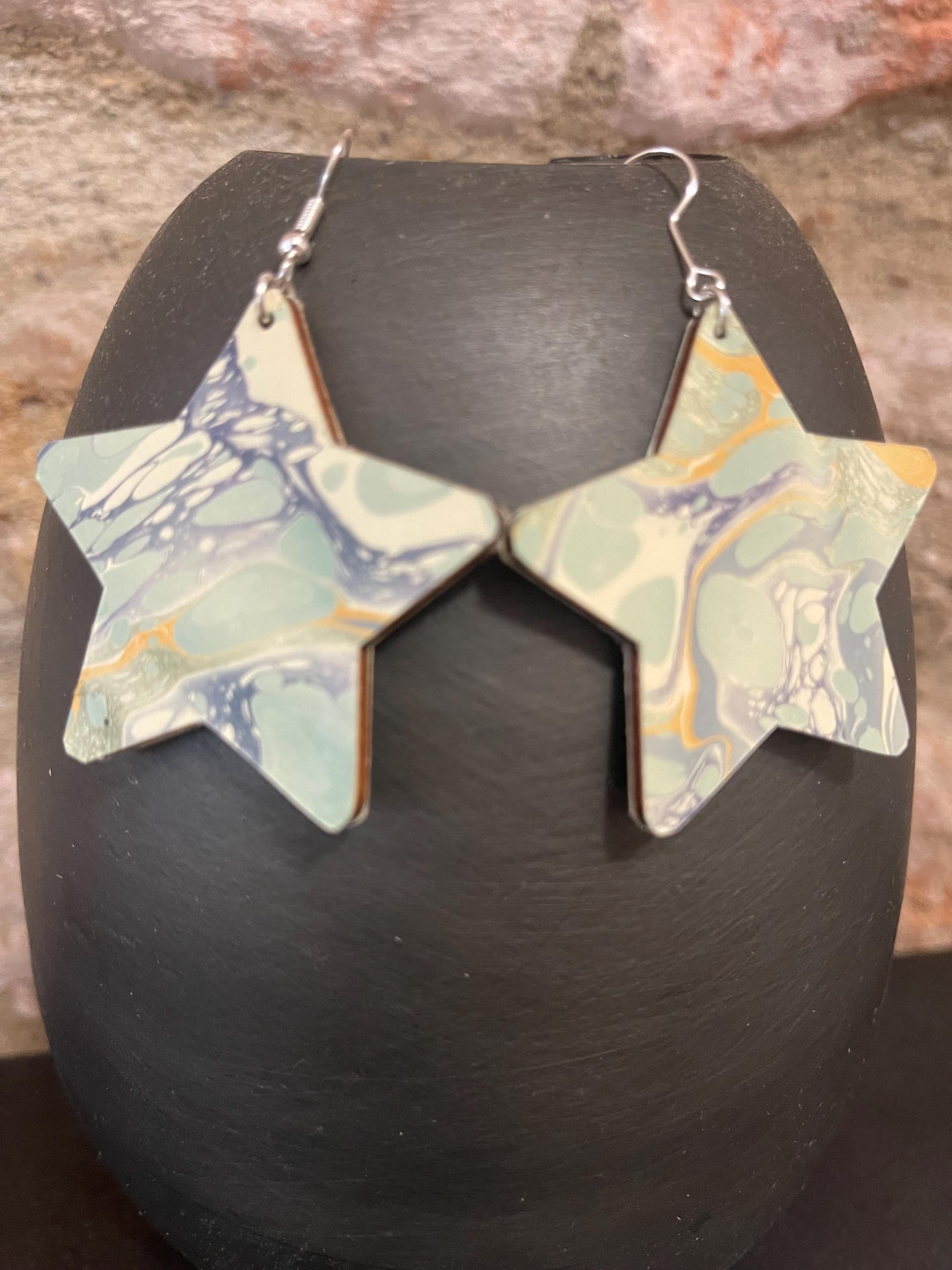 Star marbled dangle earrings, unique, with silver hyper allergenic hooks, in light greens, blues and yellows ideal paper anniversary present