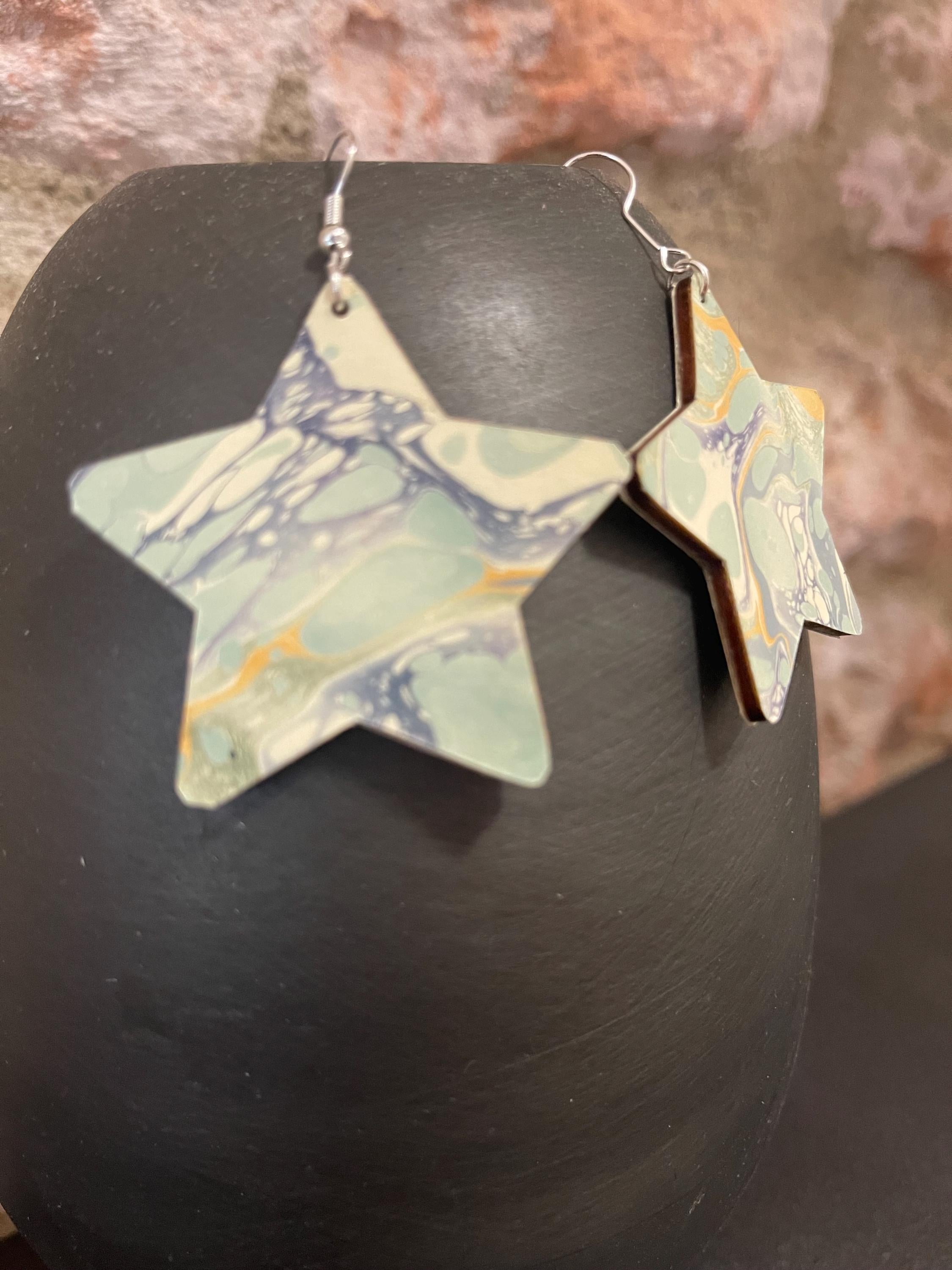 Star marbled dangle earrings, unique, with silver hyper allergenic hooks, in light greens, blues and yellows ideal paper anniversary present