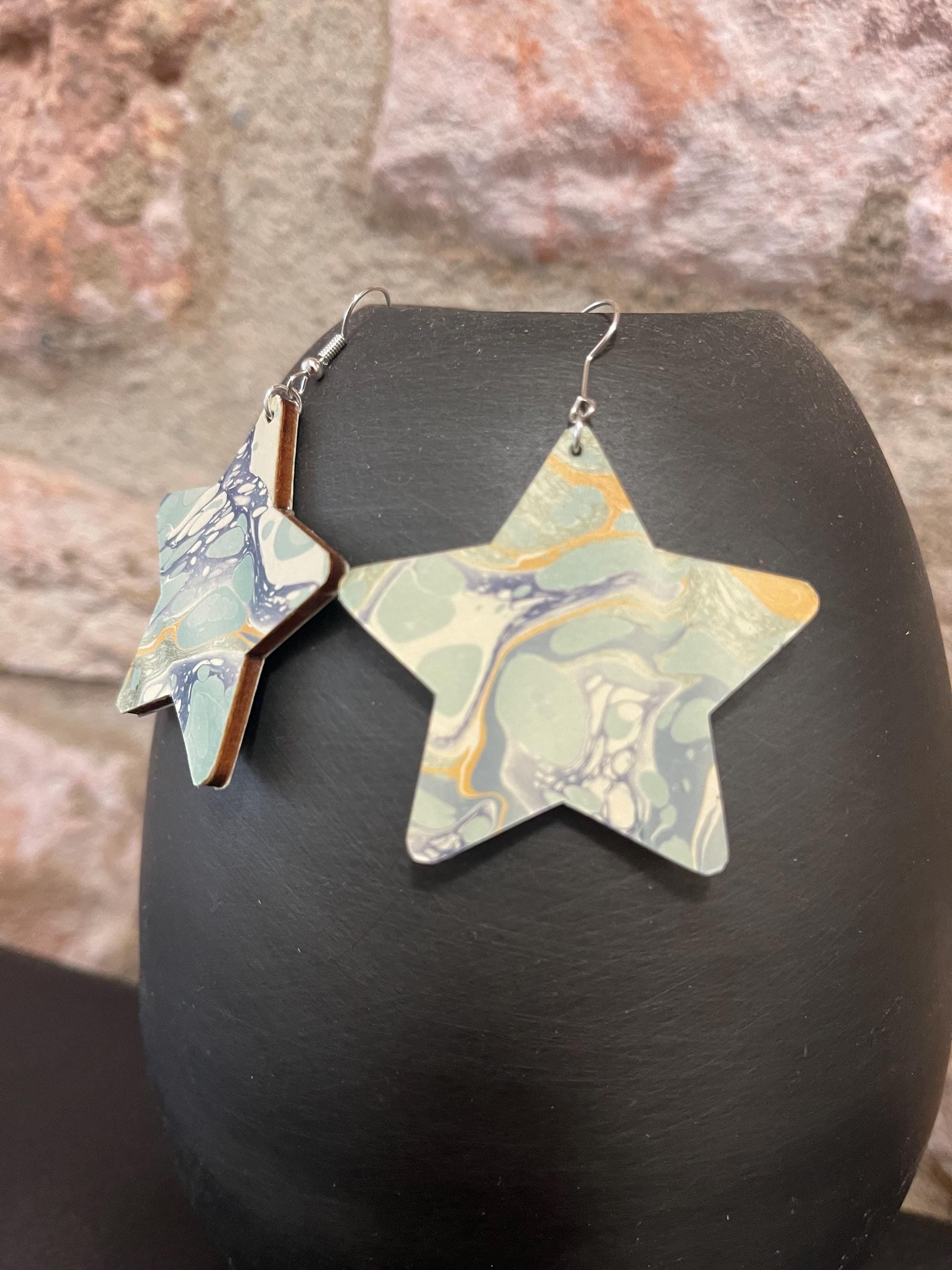 Star marbled dangle earrings, unique, with silver hyper allergenic hooks, in light greens, blues and yellows ideal paper anniversary present