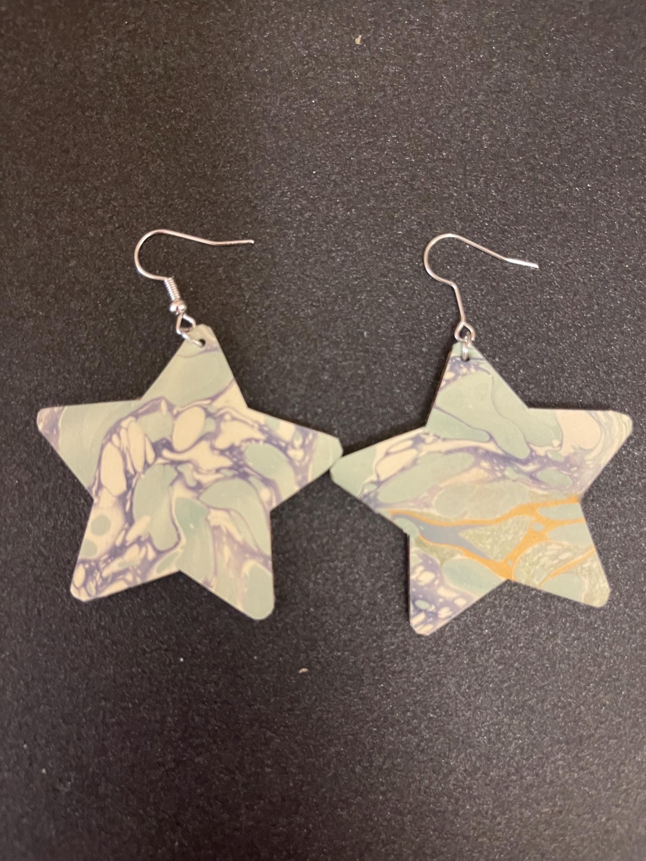Star marbled dangle earrings, unique, with silver hyper allergenic hooks, in light greens, blues and yellows ideal paper anniversary present