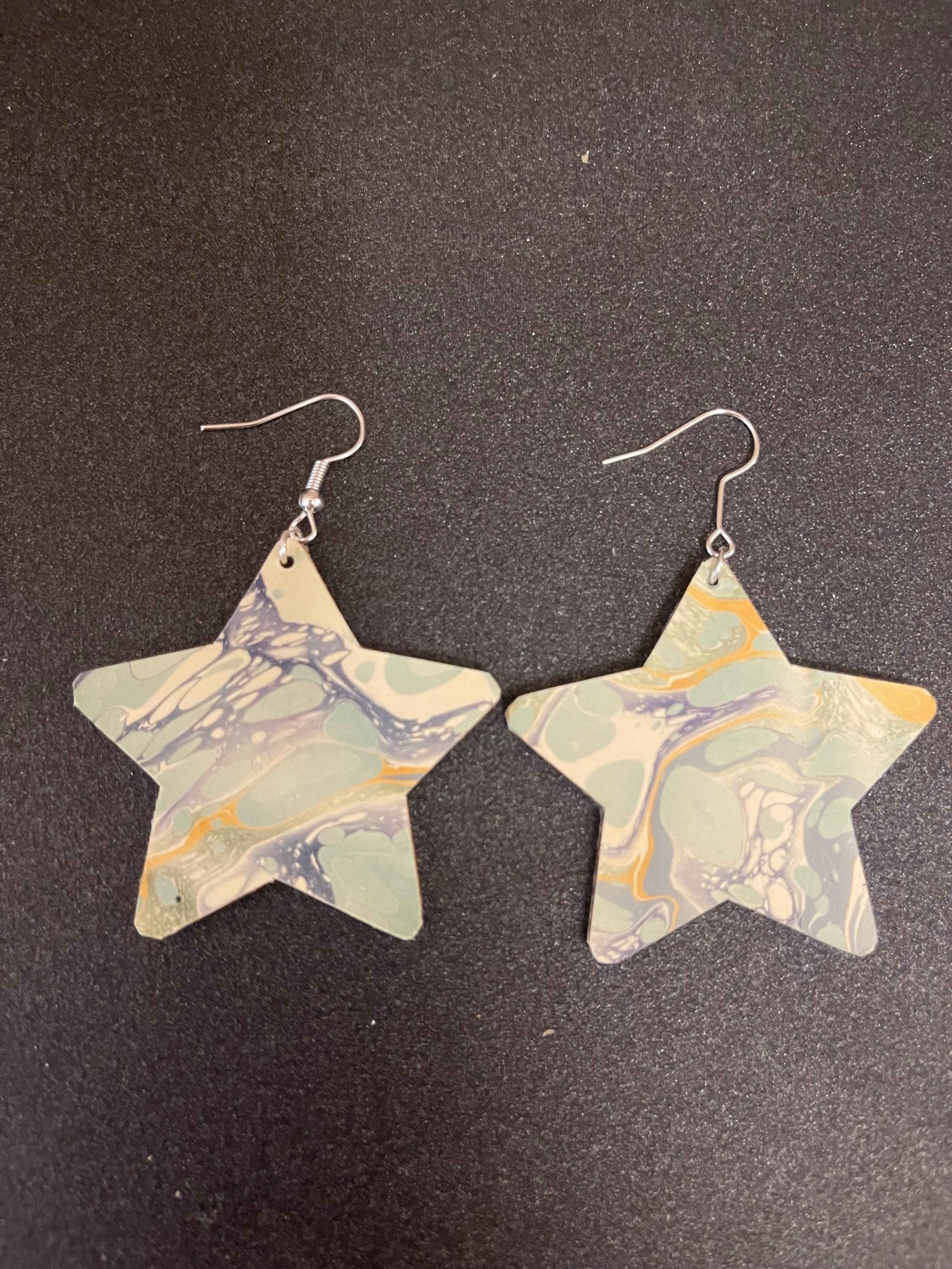 Star marbled dangle earrings, unique, with silver hyper allergenic hooks, in light greens, blues and yellows ideal paper anniversary present