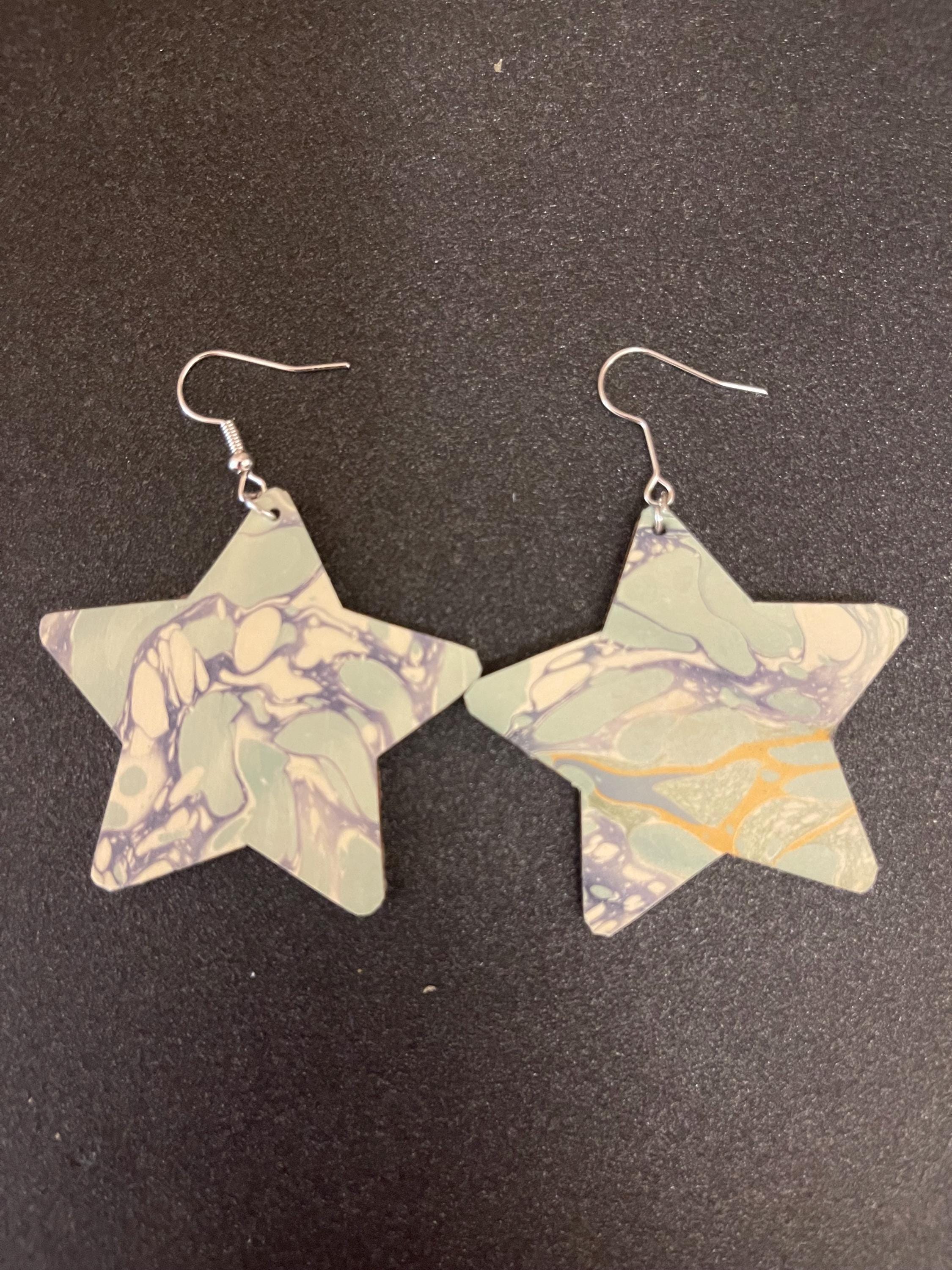 Star marbled dangle earrings, unique, with silver hyper allergenic hooks, in light greens, blues and yellows ideal paper anniversary present