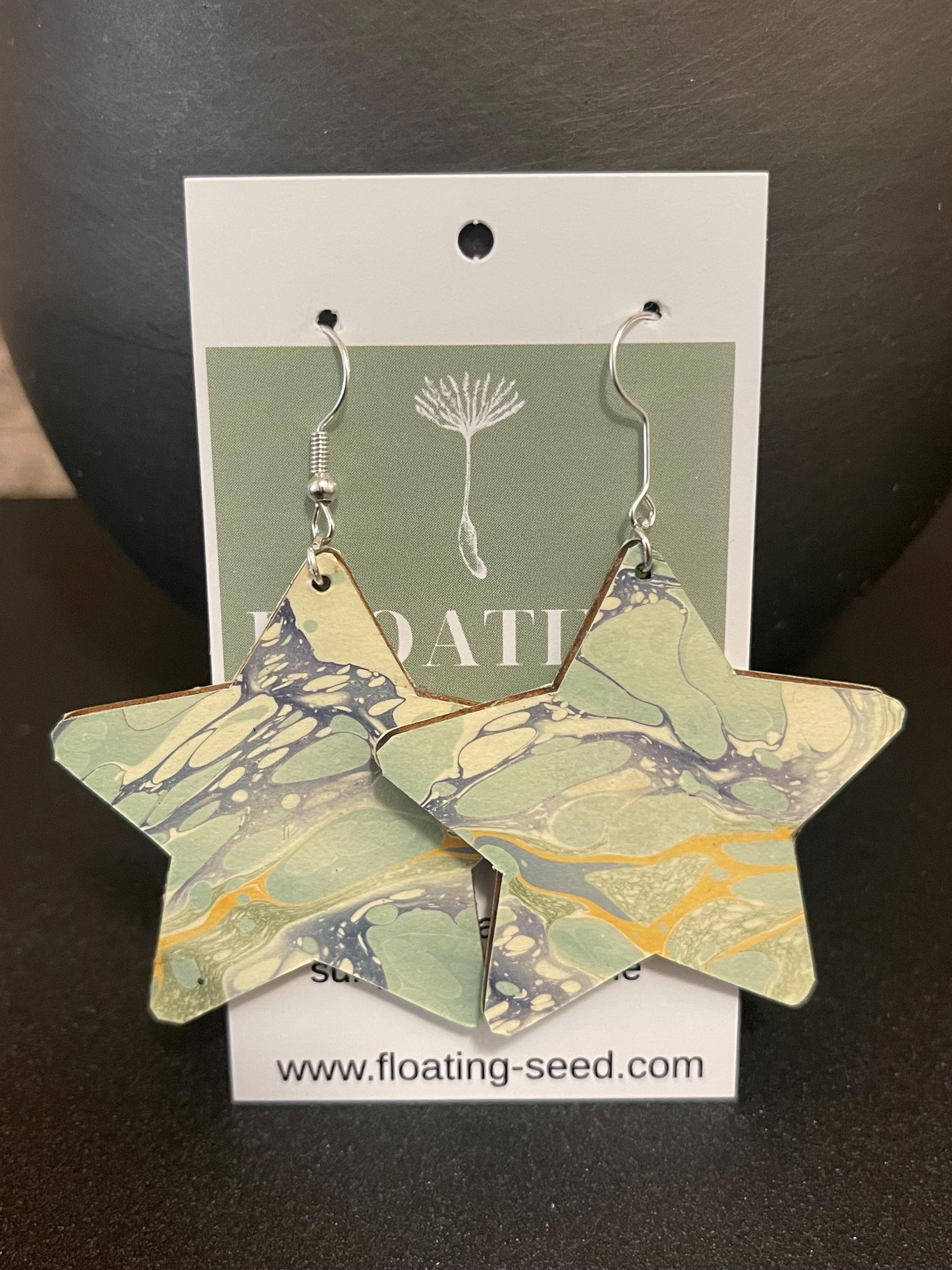 Star marbled dangle earrings, unique, with silver hyper allergenic hooks, in light greens, blues and yellows ideal paper anniversary present