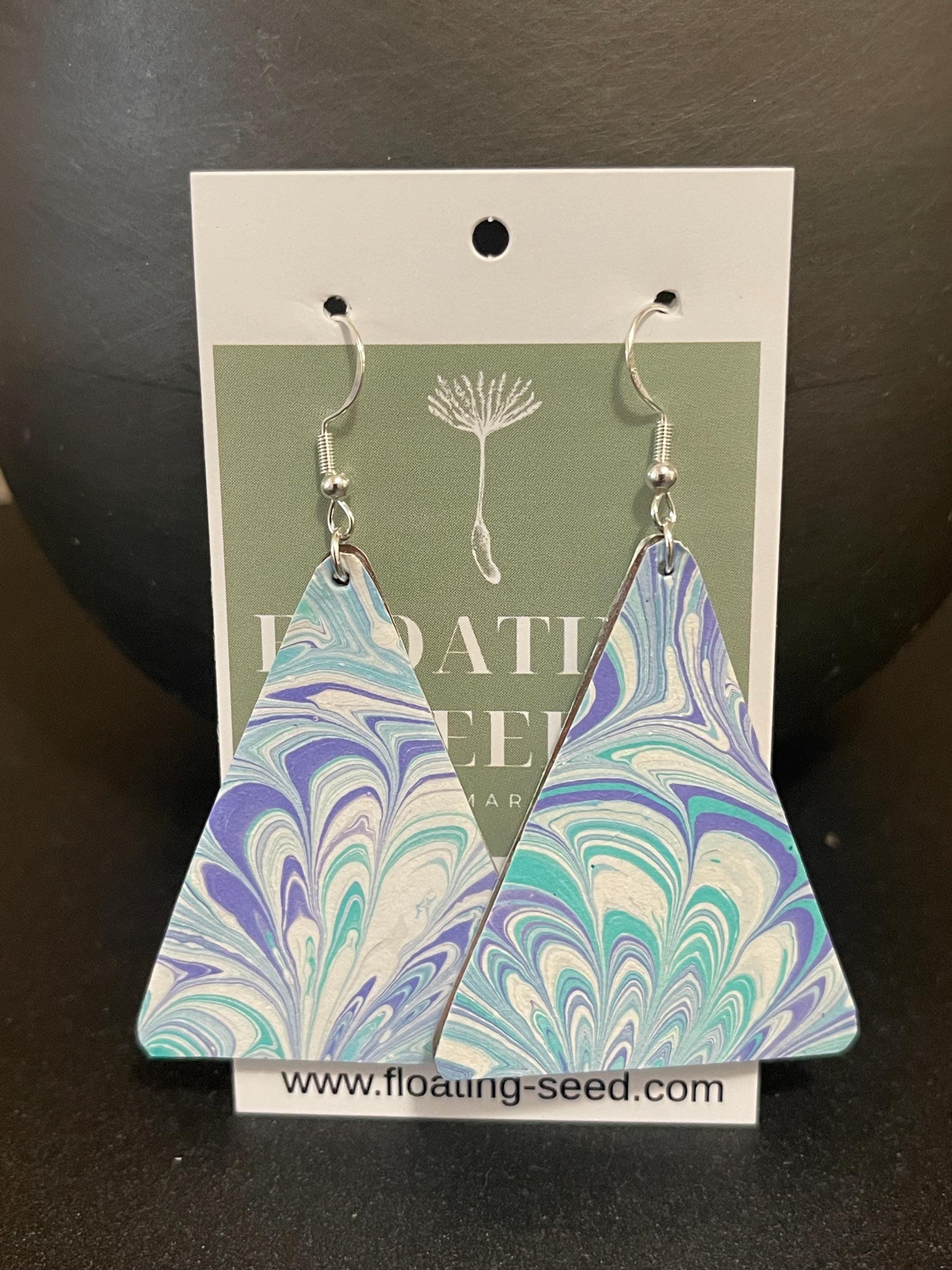 Triangular marbled dangle earrings, with sterling silver hyper allergenic hooks, bouquet pattern in turquoise and blue with touches of white