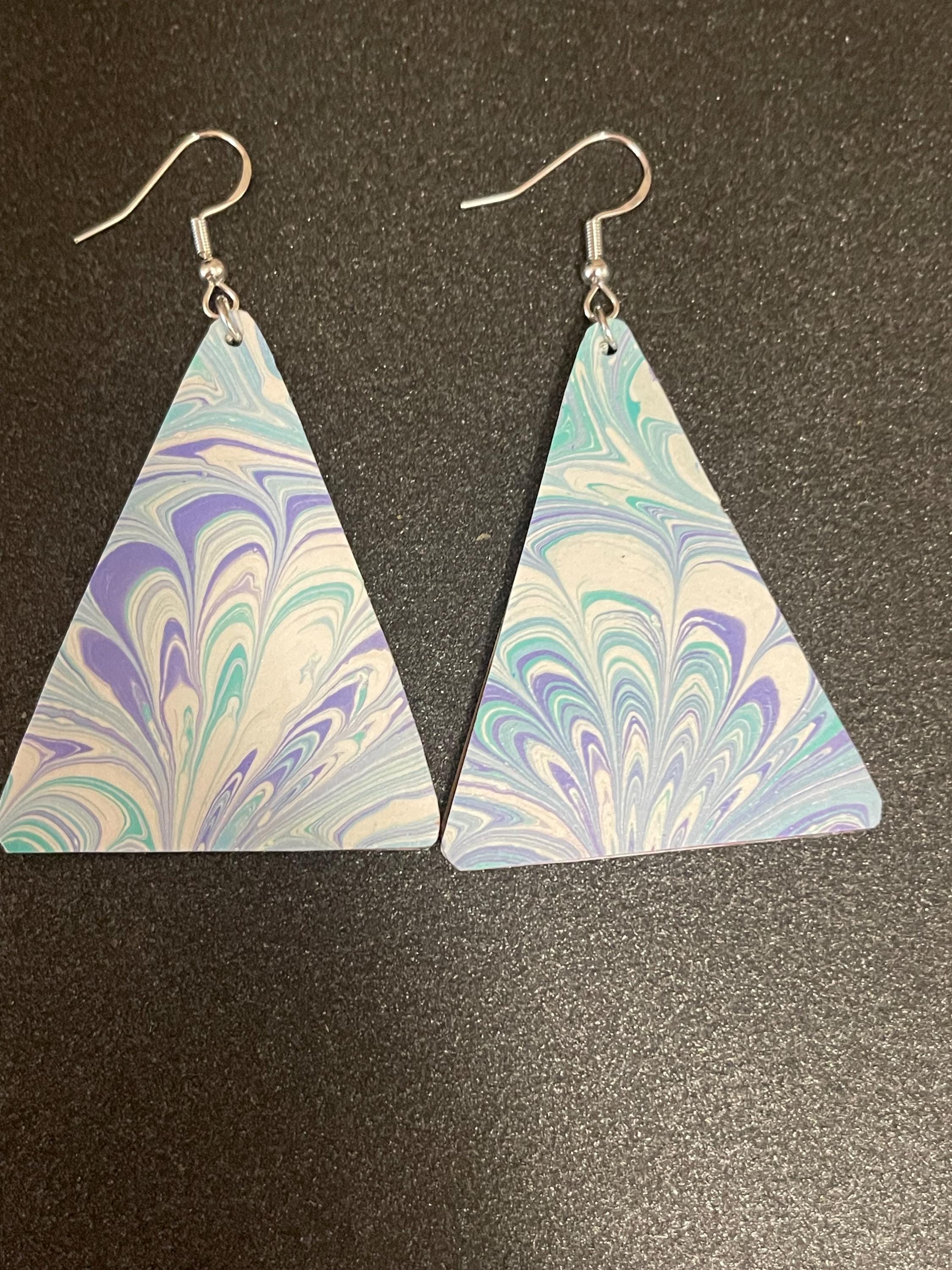 Triangular marbled dangle earrings, with sterling silver hyper allergenic hooks, bouquet pattern in turquoise and blue with touches of white
