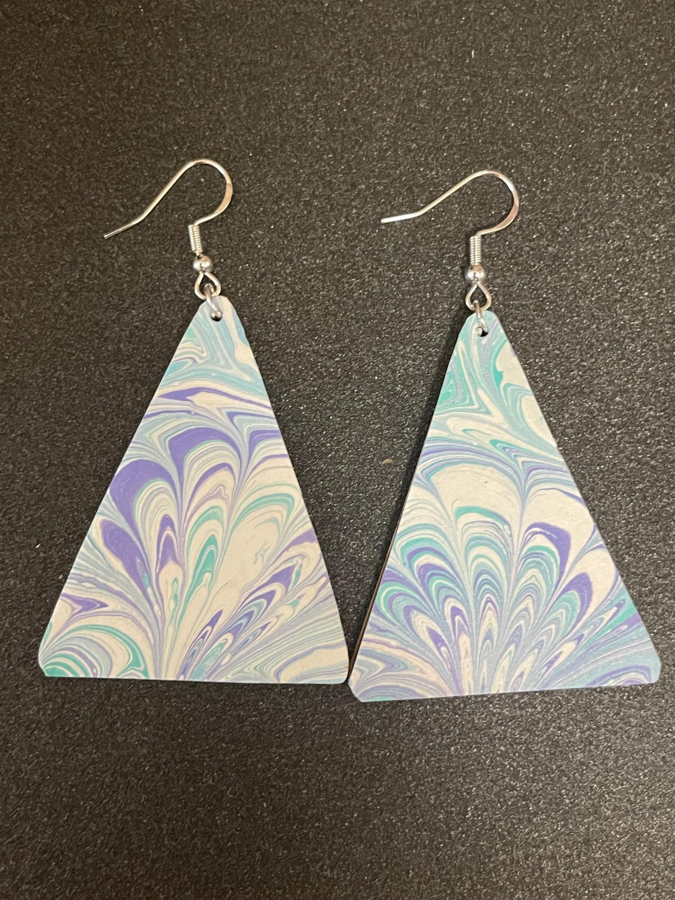Triangular marbled dangle earrings, with sterling silver hyper allergenic hooks, bouquet pattern in turquoise and blue with touches of white
