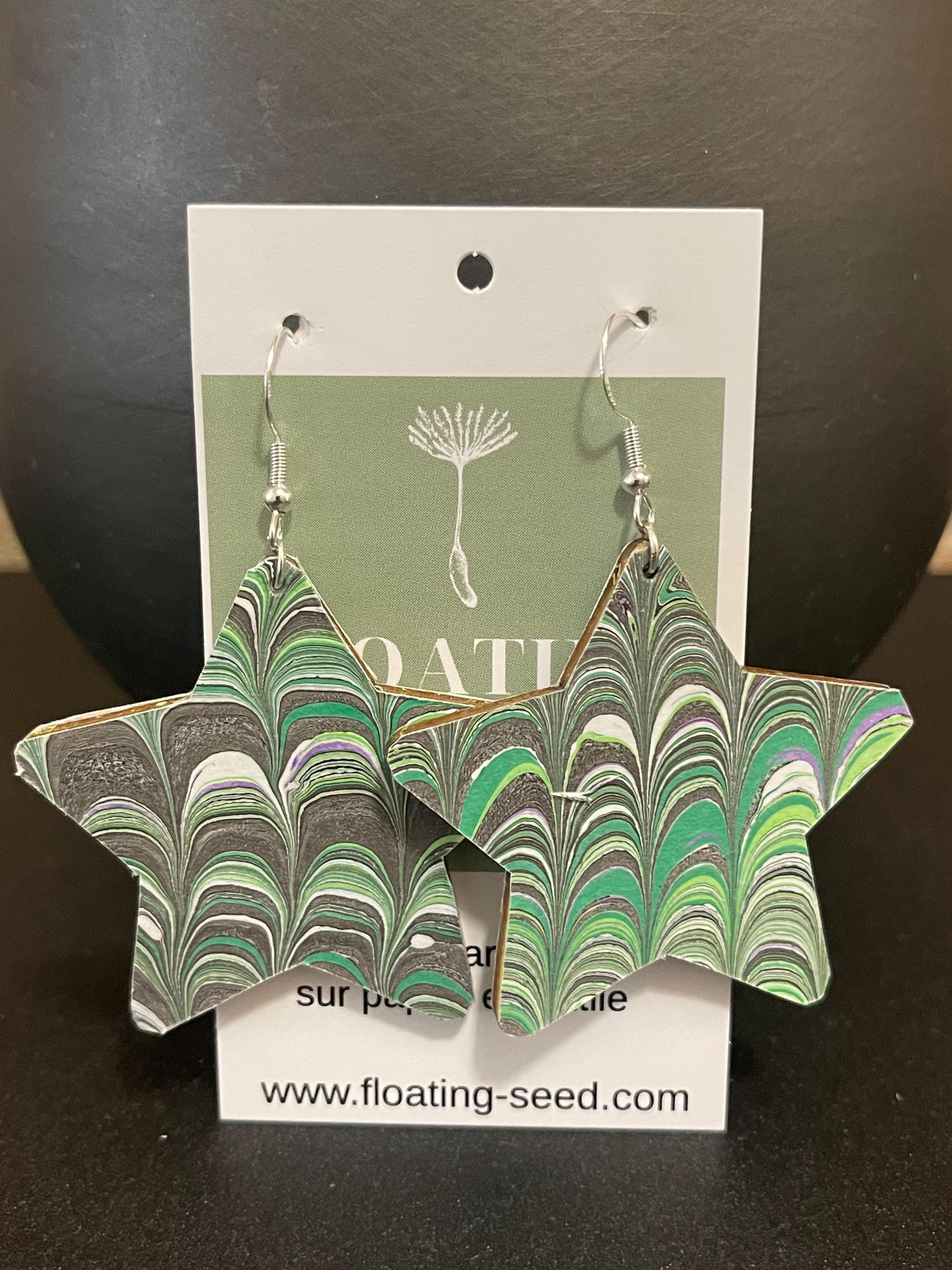 Star marbled dangle earrings, unique, with silver hyper allergenic hooks, in light greens, greys and white, ideal paper anniversary present