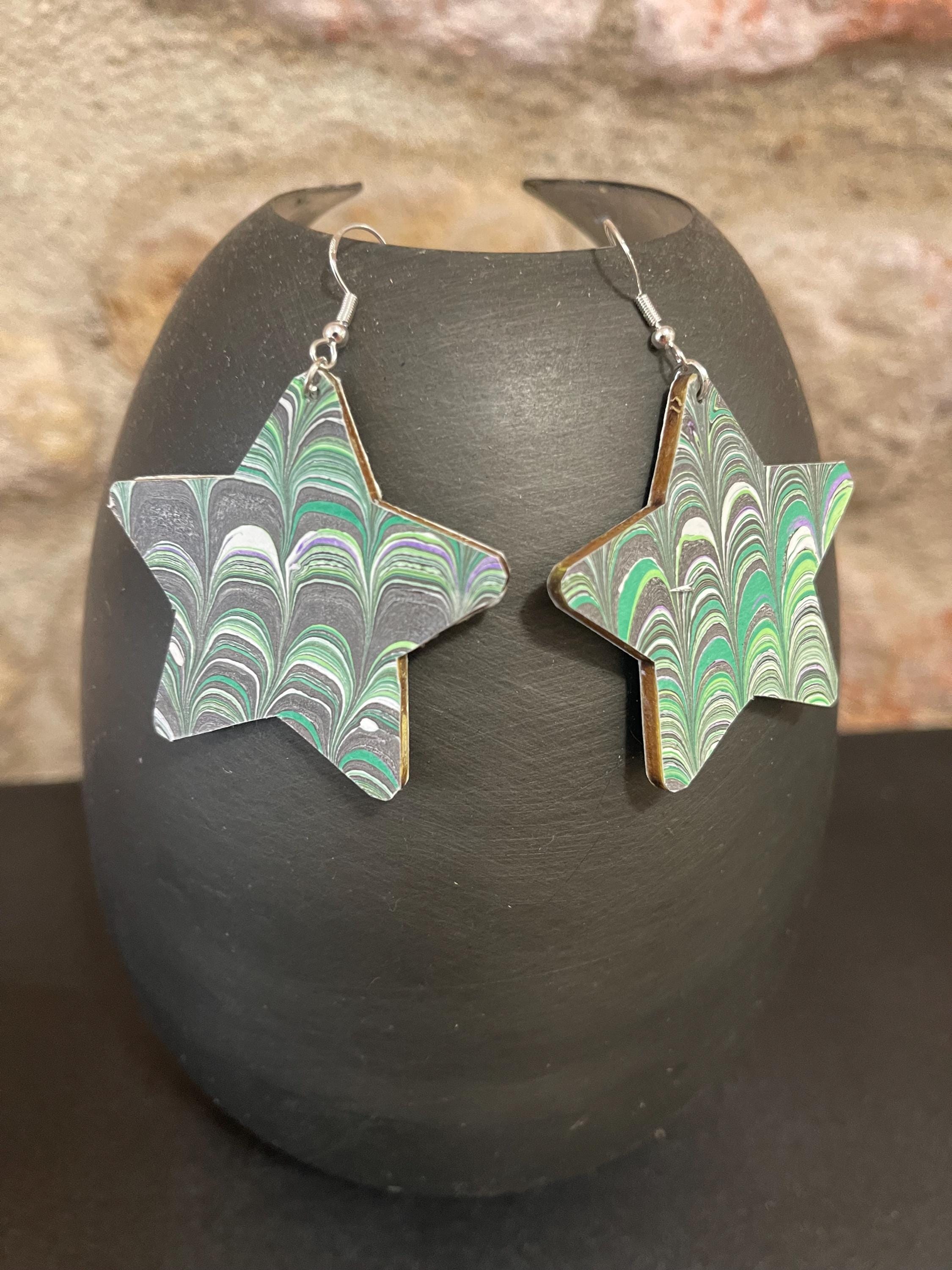 Star marbled dangle earrings, unique, with silver hyper allergenic hooks, in light greens, greys and white, ideal paper anniversary present