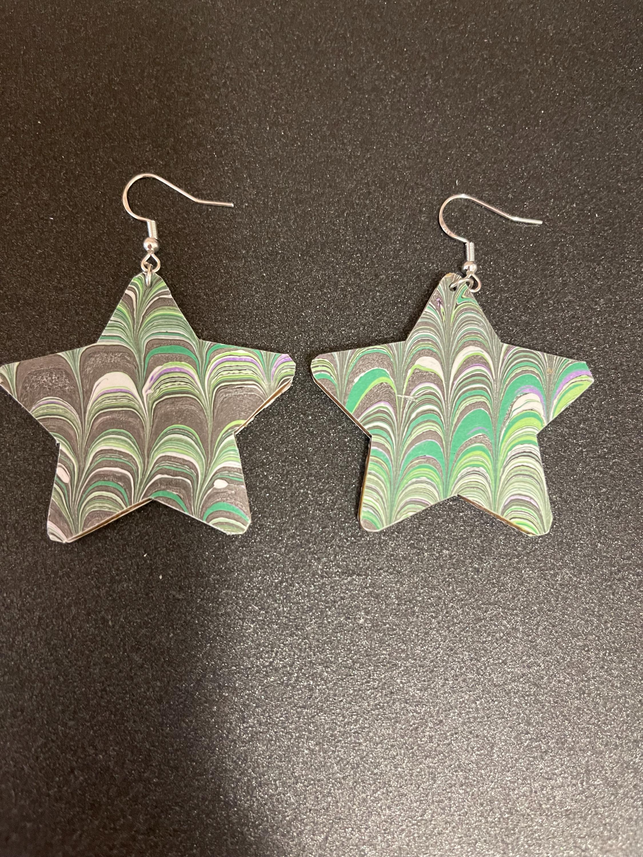 Star marbled dangle earrings, unique, with silver hyper allergenic hooks, in light greens, greys and white, ideal paper anniversary present