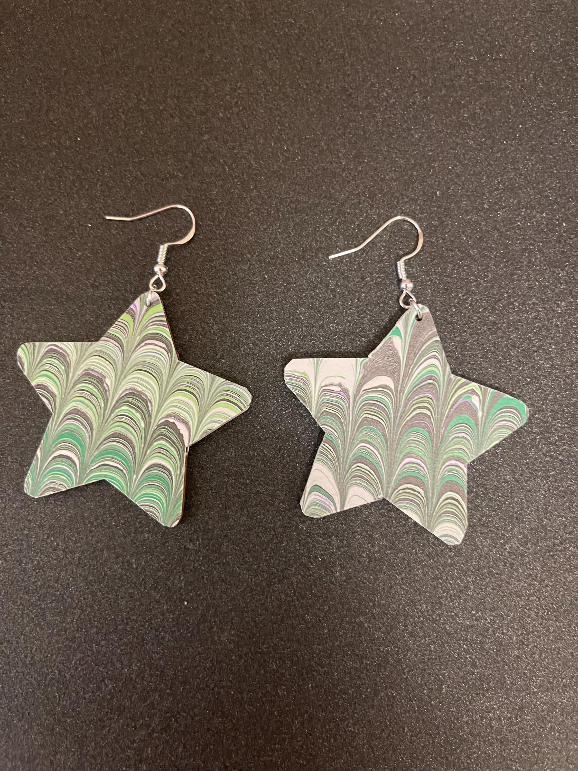 Star marbled dangle earrings, unique, with silver hyper allergenic hooks, in light greens, greys and white, ideal paper anniversary present