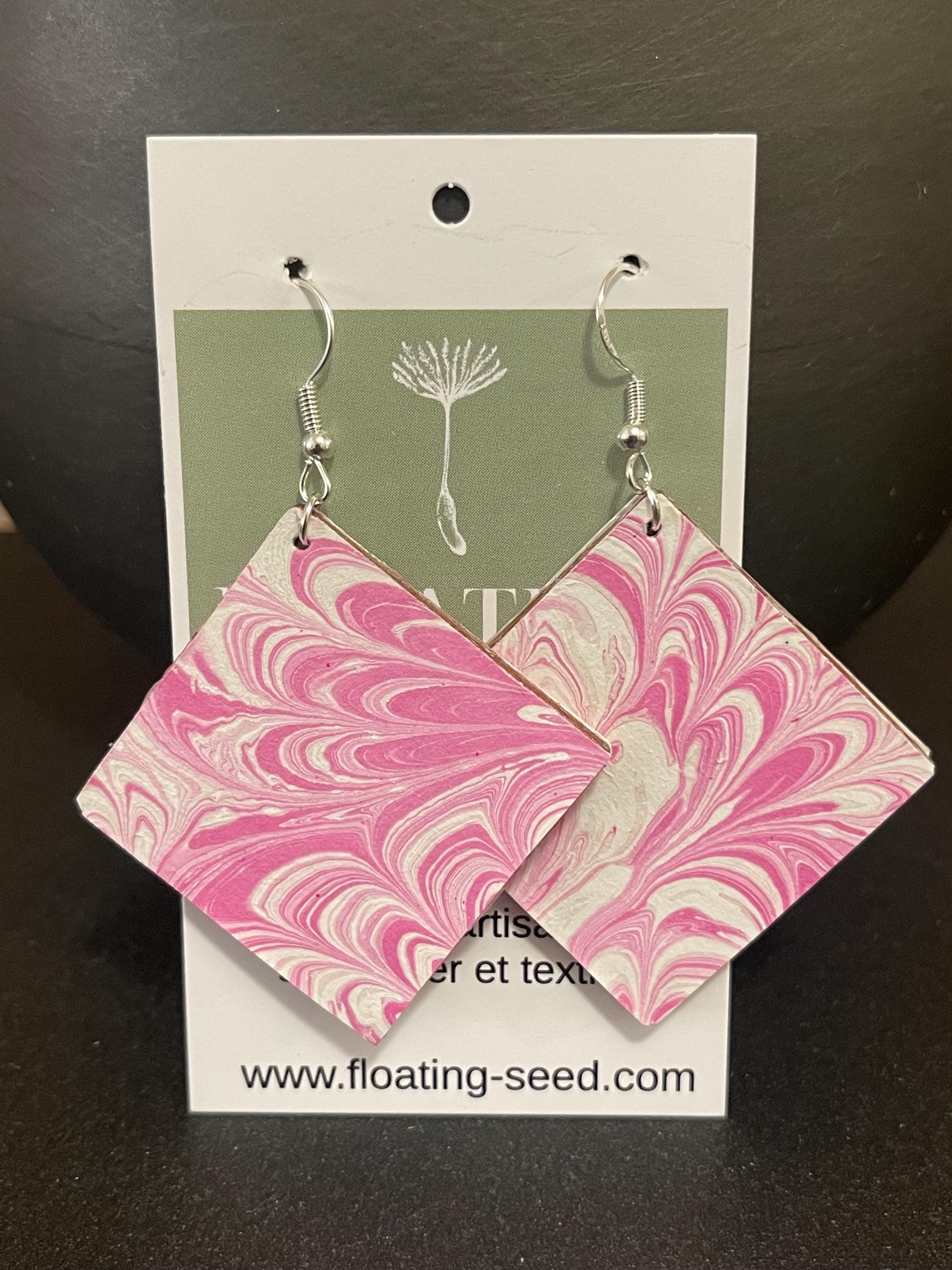 Square marbled dangle earrings, unique, with sterling silver hyper allergenic hooks, pink and white, ideal paper anniversary present