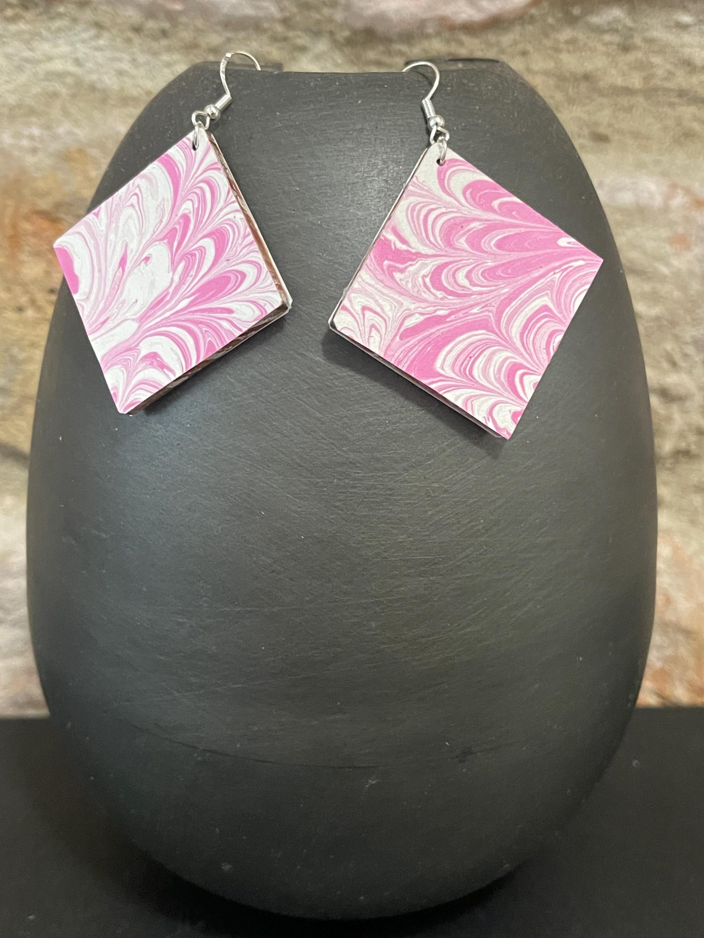 Square marbled dangle earrings, unique, with sterling silver hyper allergenic hooks, pink and white, ideal paper anniversary present