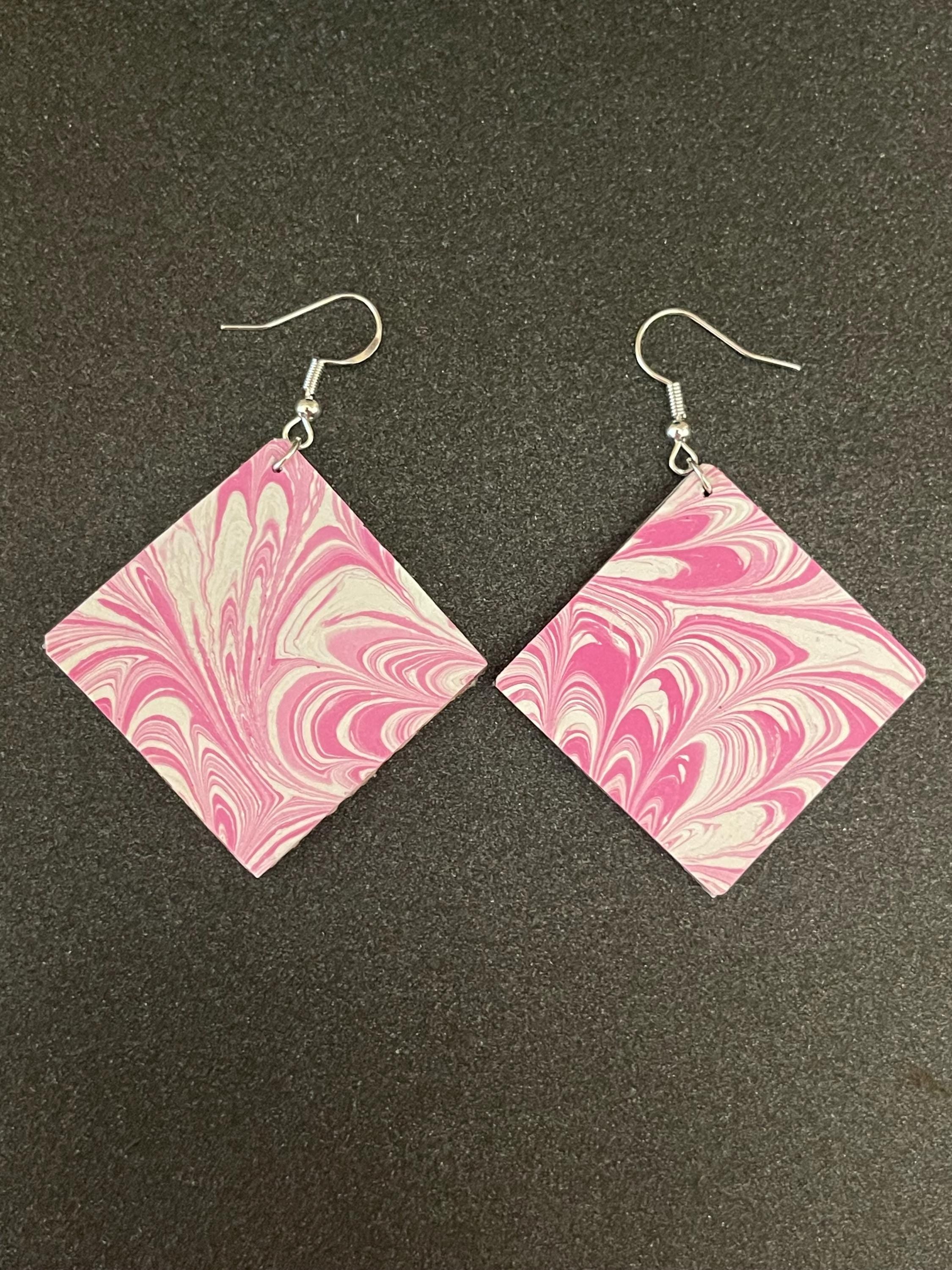 Square marbled dangle earrings, unique, with sterling silver hyper allergenic hooks, pink and white, ideal paper anniversary present