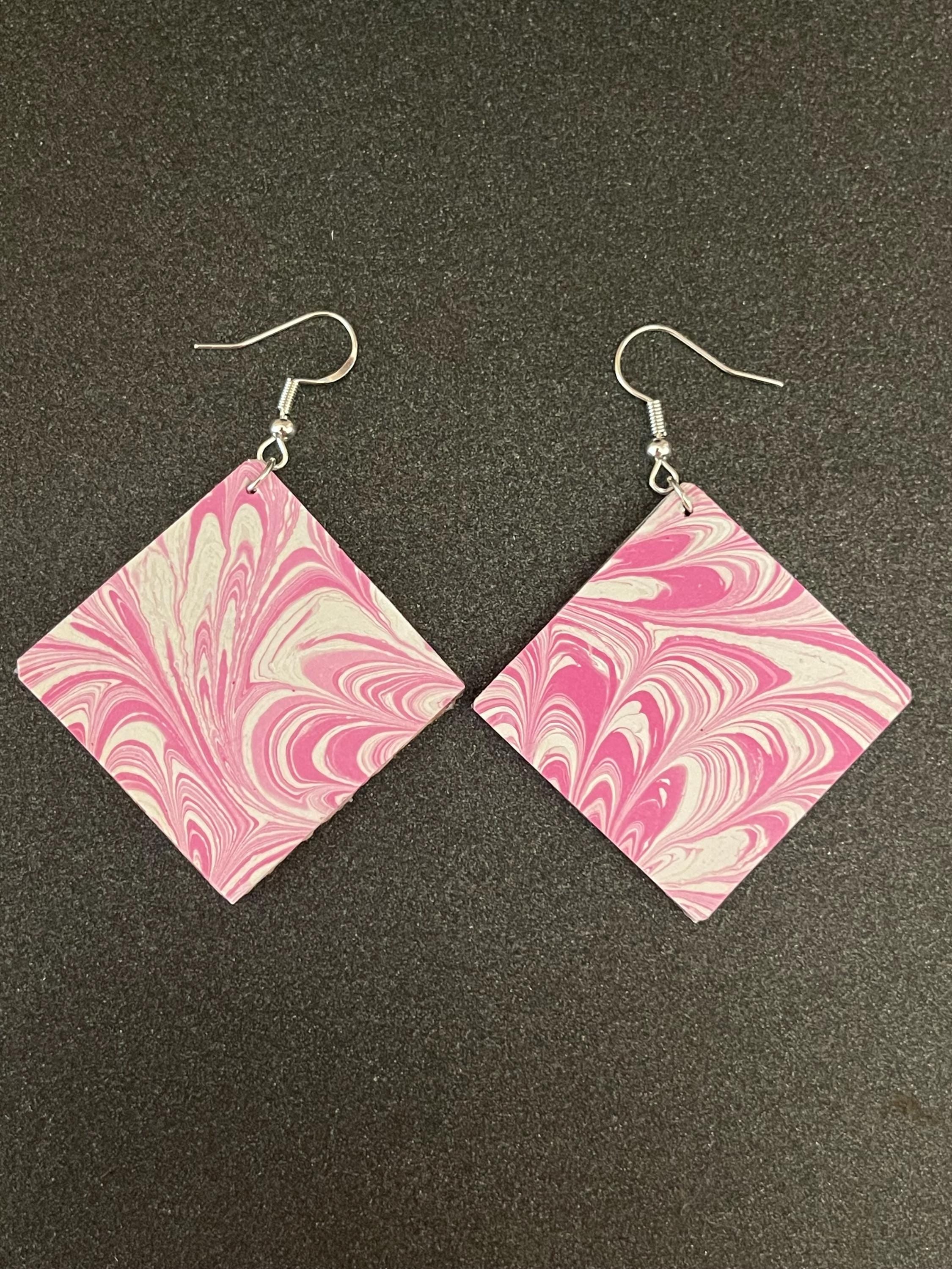 Square marbled dangle earrings, unique, with sterling silver hyper allergenic hooks, pink and white, ideal paper anniversary present