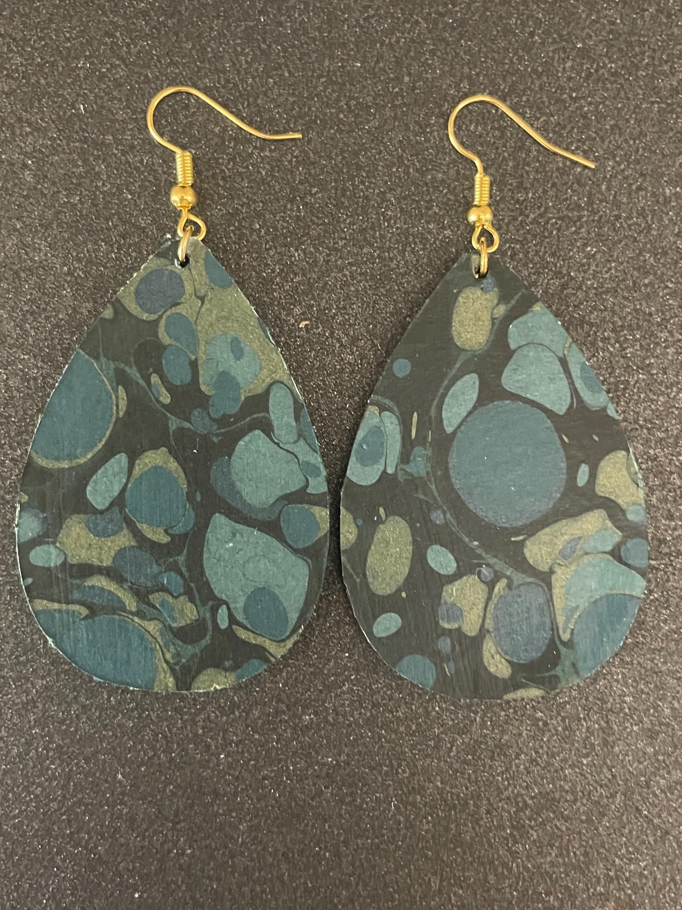Tear drop marbled dangle earrings, with gold hyper allergenic hook, stone pattern in dark blues with touches of gold, ideal 1st wedding gift