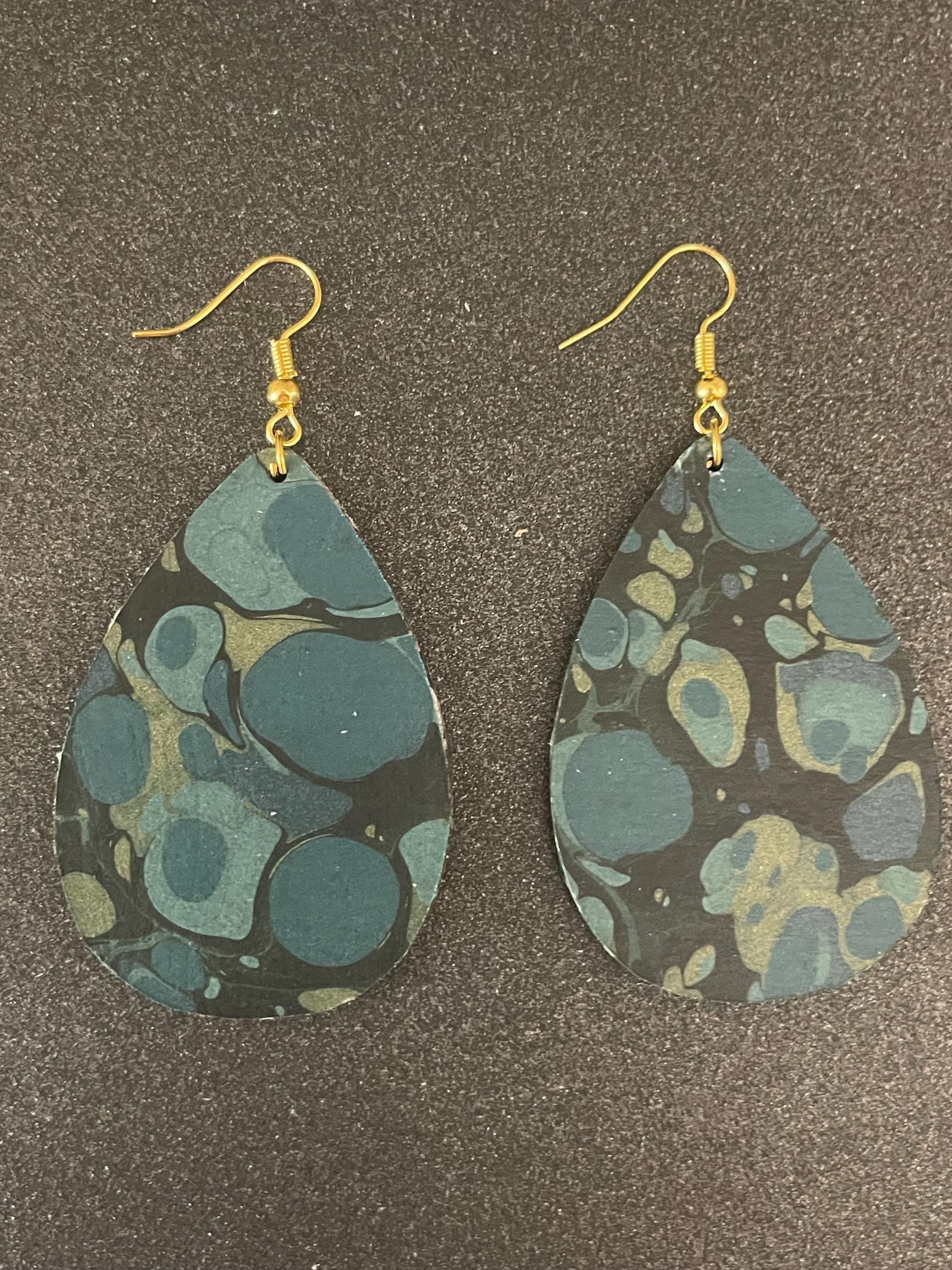 Tear drop marbled dangle earrings, with gold hyper allergenic hook, stone pattern in dark blues with touches of gold, ideal 1st wedding gift