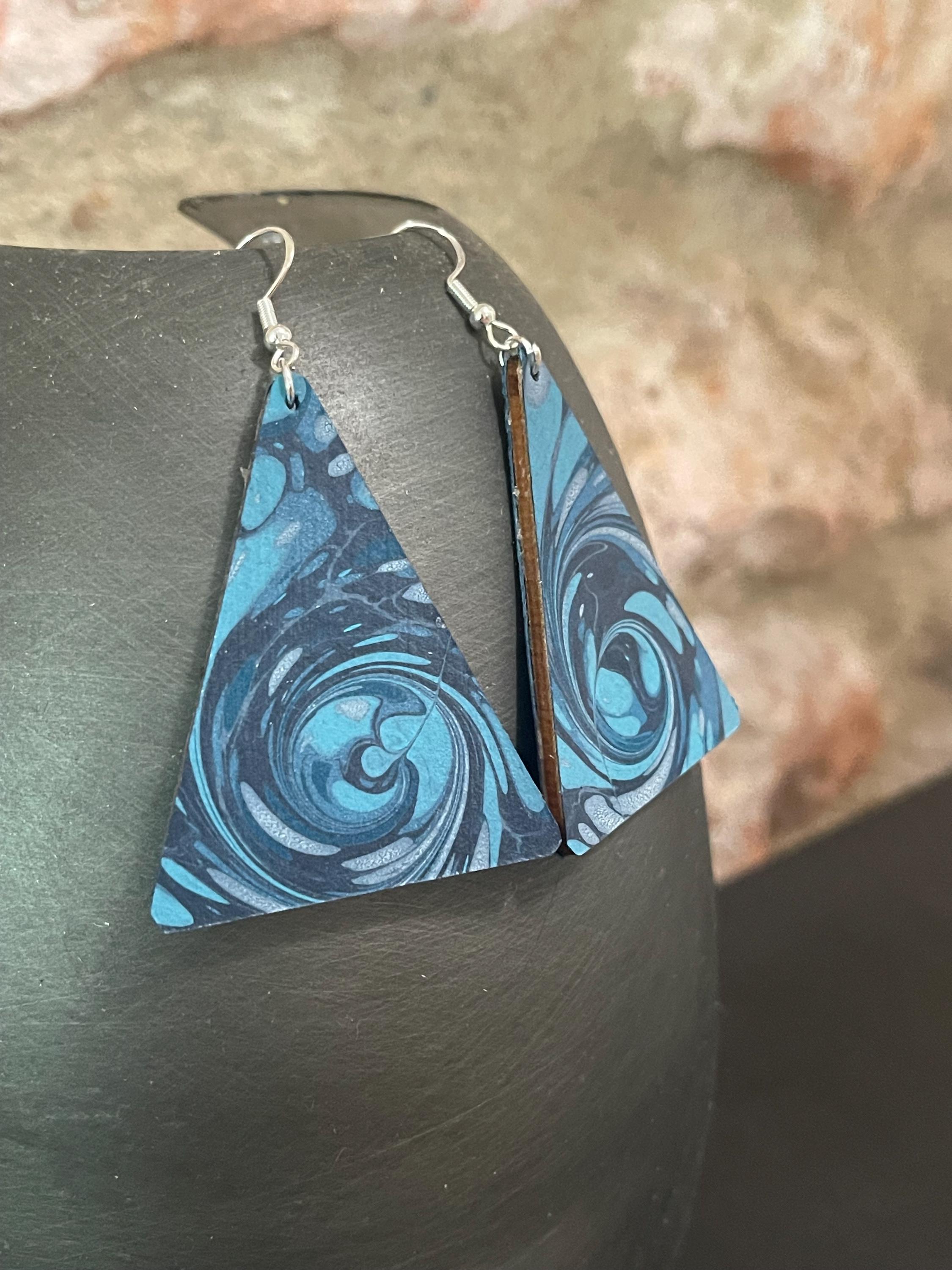 Triangular marbled dangle earrings, unique, with sterling silver hyper allergenic hooks, blues, whirlpool ideal 1st anniversary present