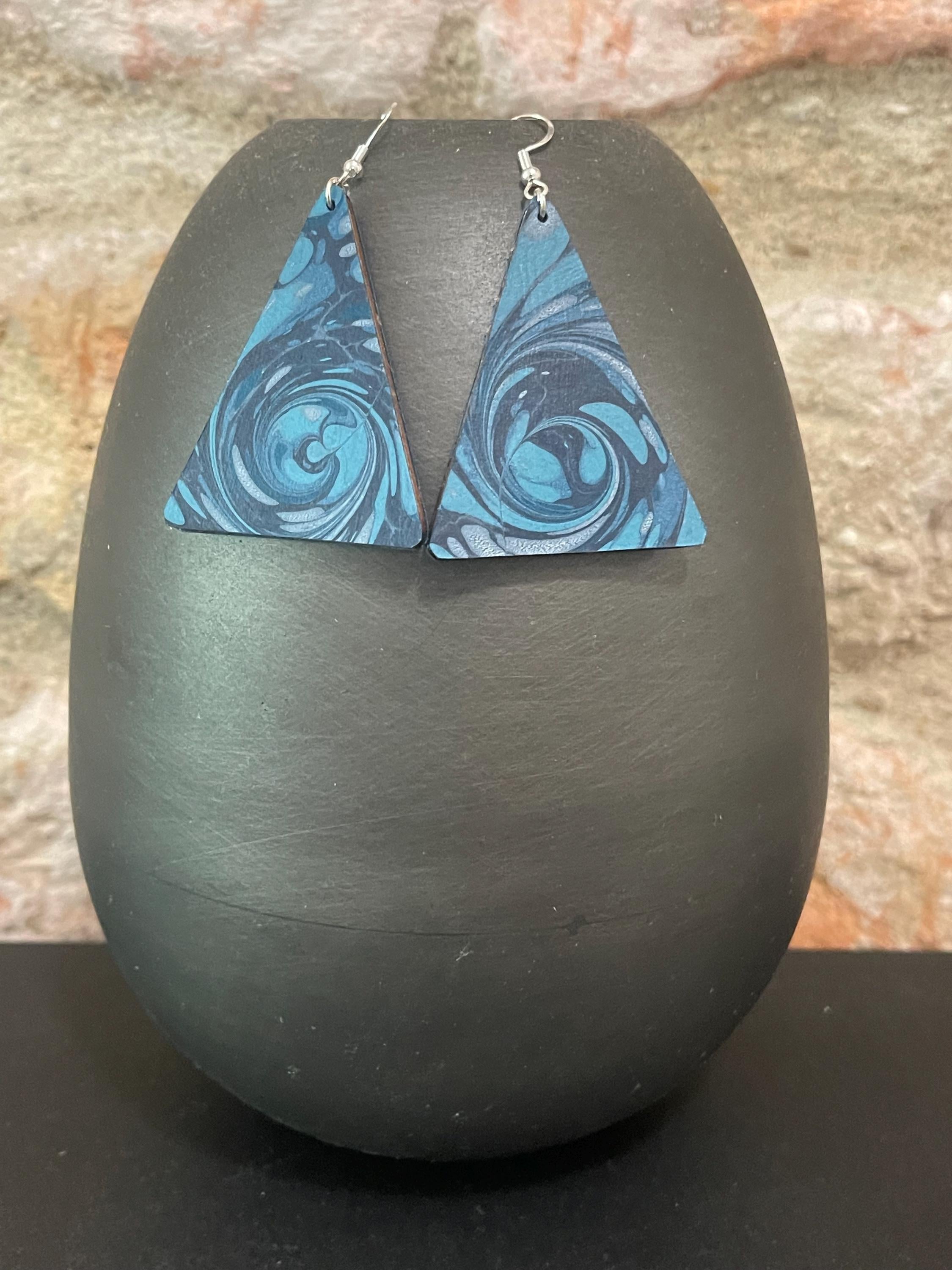 Triangular marbled dangle earrings, unique, with sterling silver hyper allergenic hooks, blues, whirlpool ideal 1st anniversary present