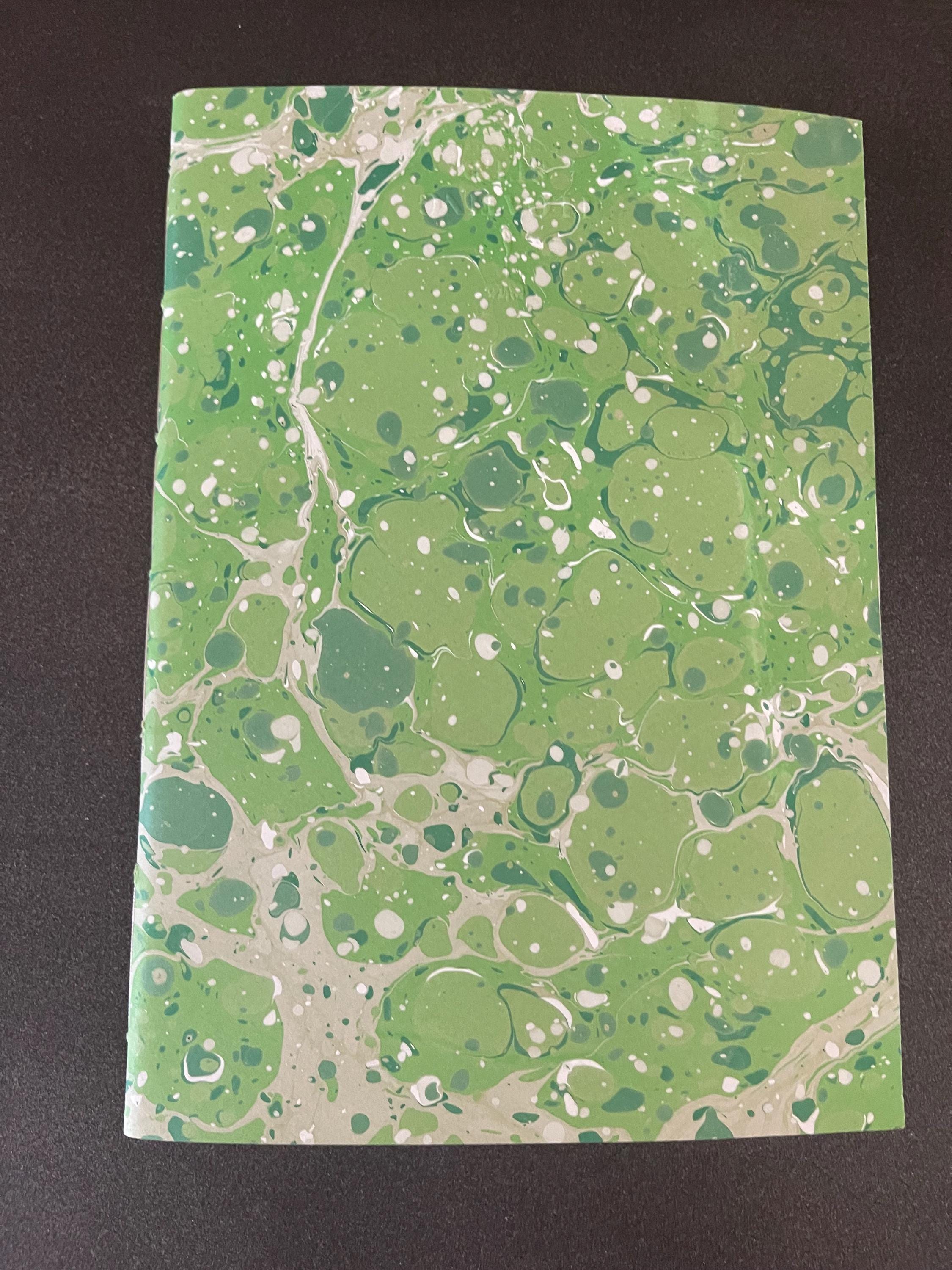Hand made, hand marbled sketchbook, notebook, journal, softcover in greens, beige and white stone pattern with recycled white plain pages.