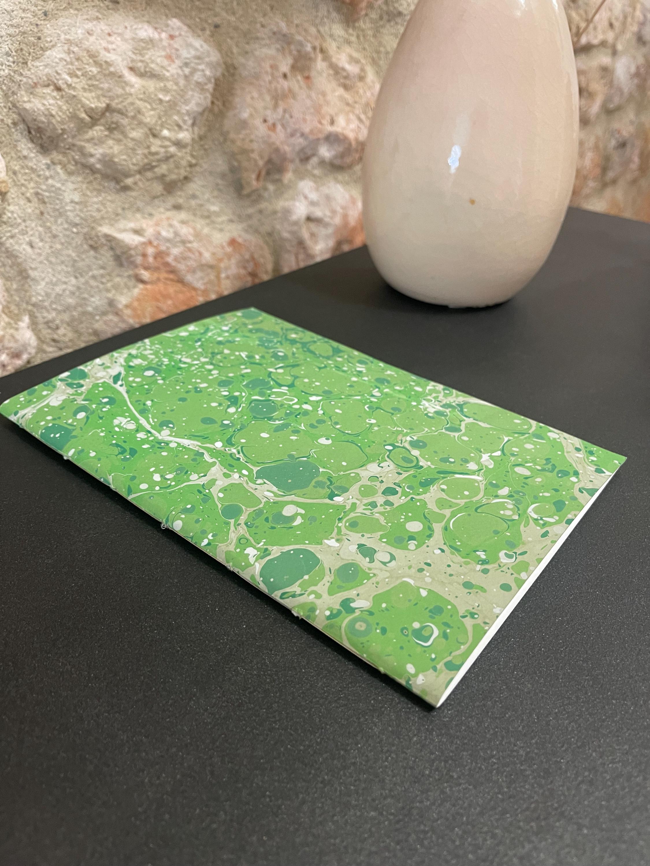 Hand made, hand marbled sketchbook, notebook, journal, softcover in greens, beige and white stone pattern with recycled white plain pages.