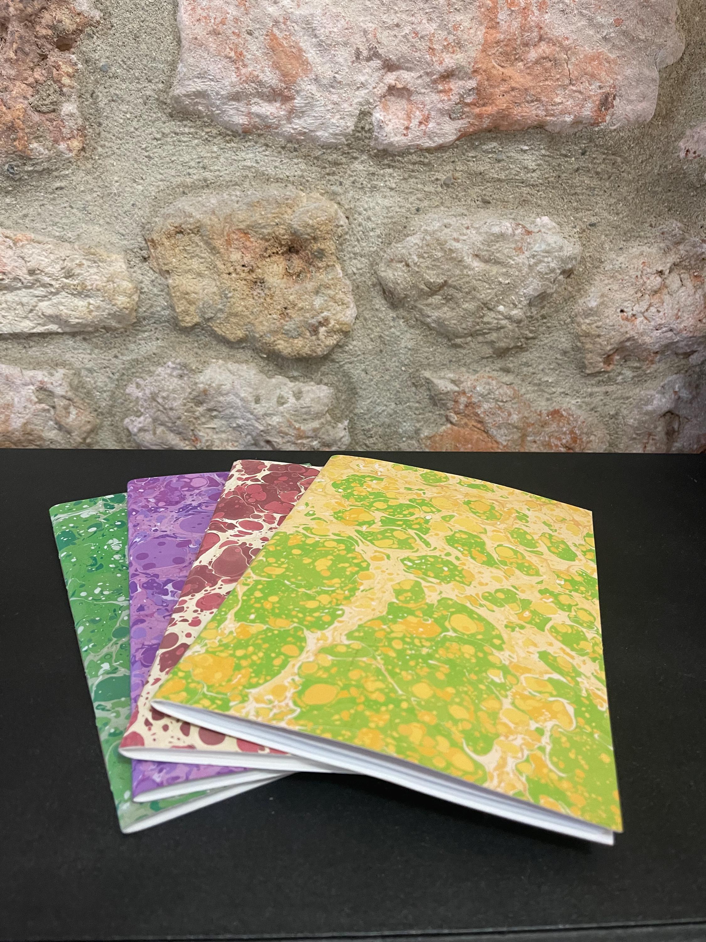 Hand made, hand marbled sketchbook, notebook, journal, softcover in greens, beige and white stone pattern with recycled white plain pages.
