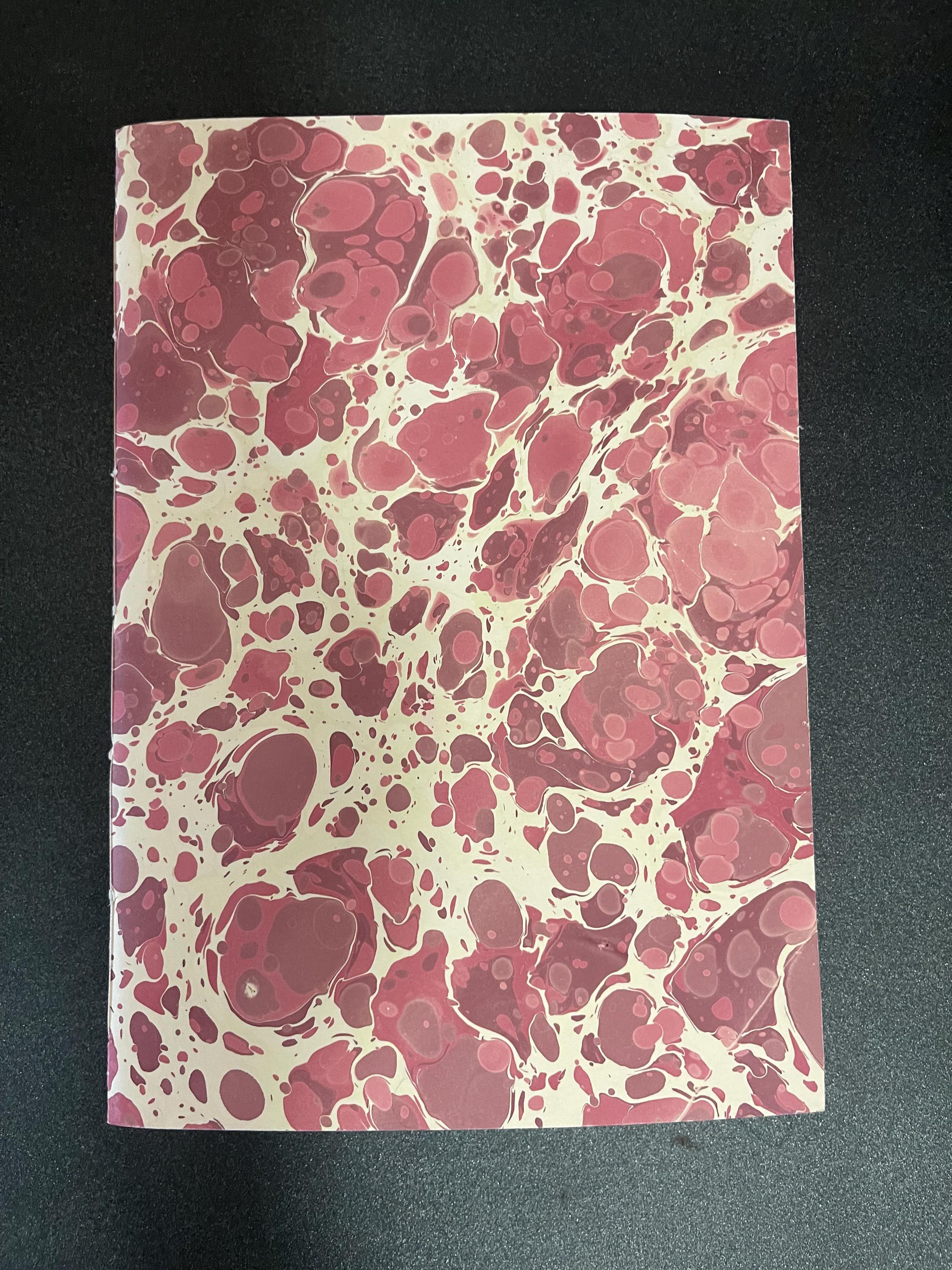 Hand sewn, hand marbled sketchbook, notebook, journal, softcover in cream and burgundy with recycled cream plain pages.