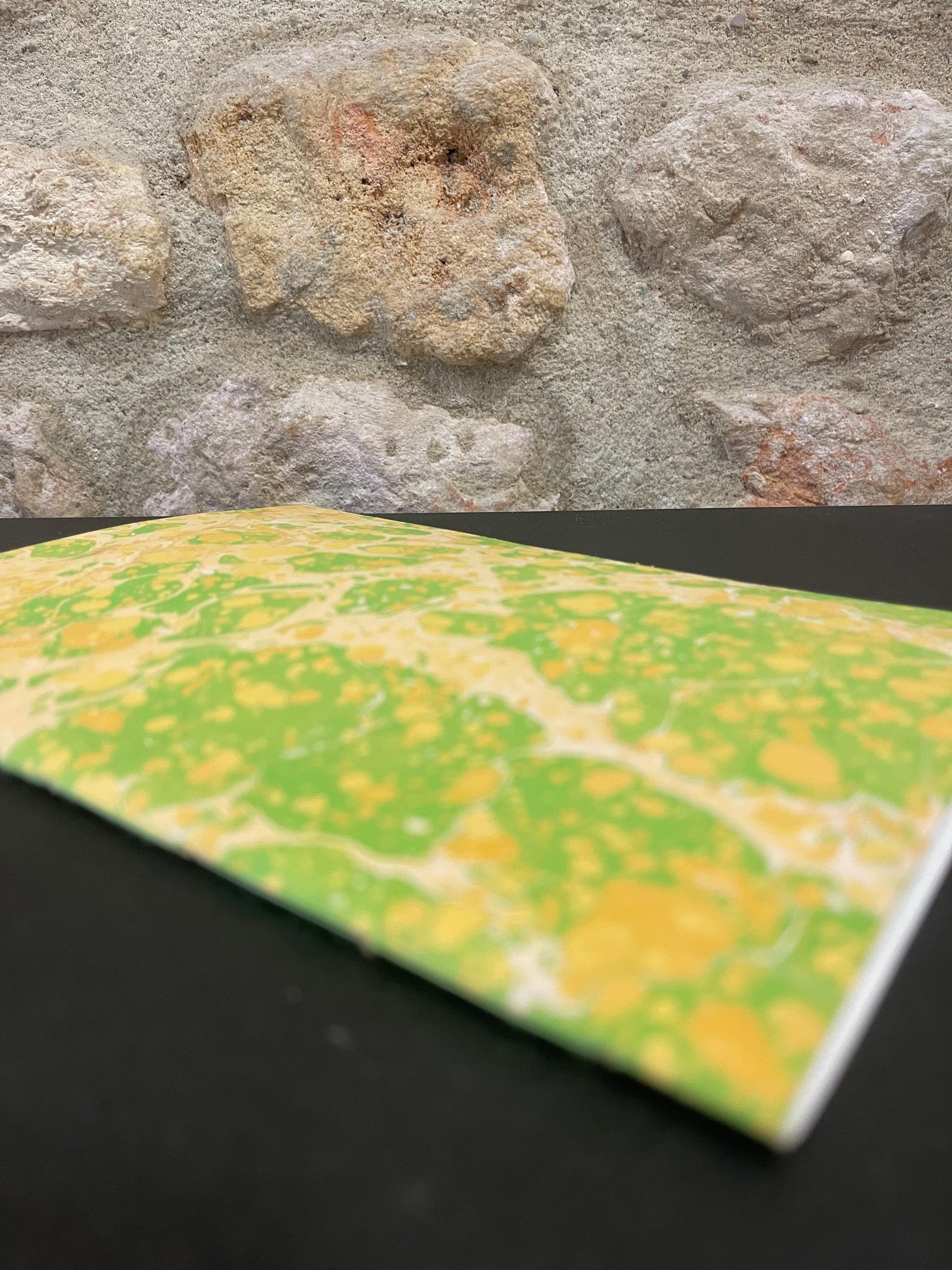 Hand sewn, hand marbled sketchbook, notebook, journal, softcover in sunny yellows and greens with recycled 120g white plain drawing pages.