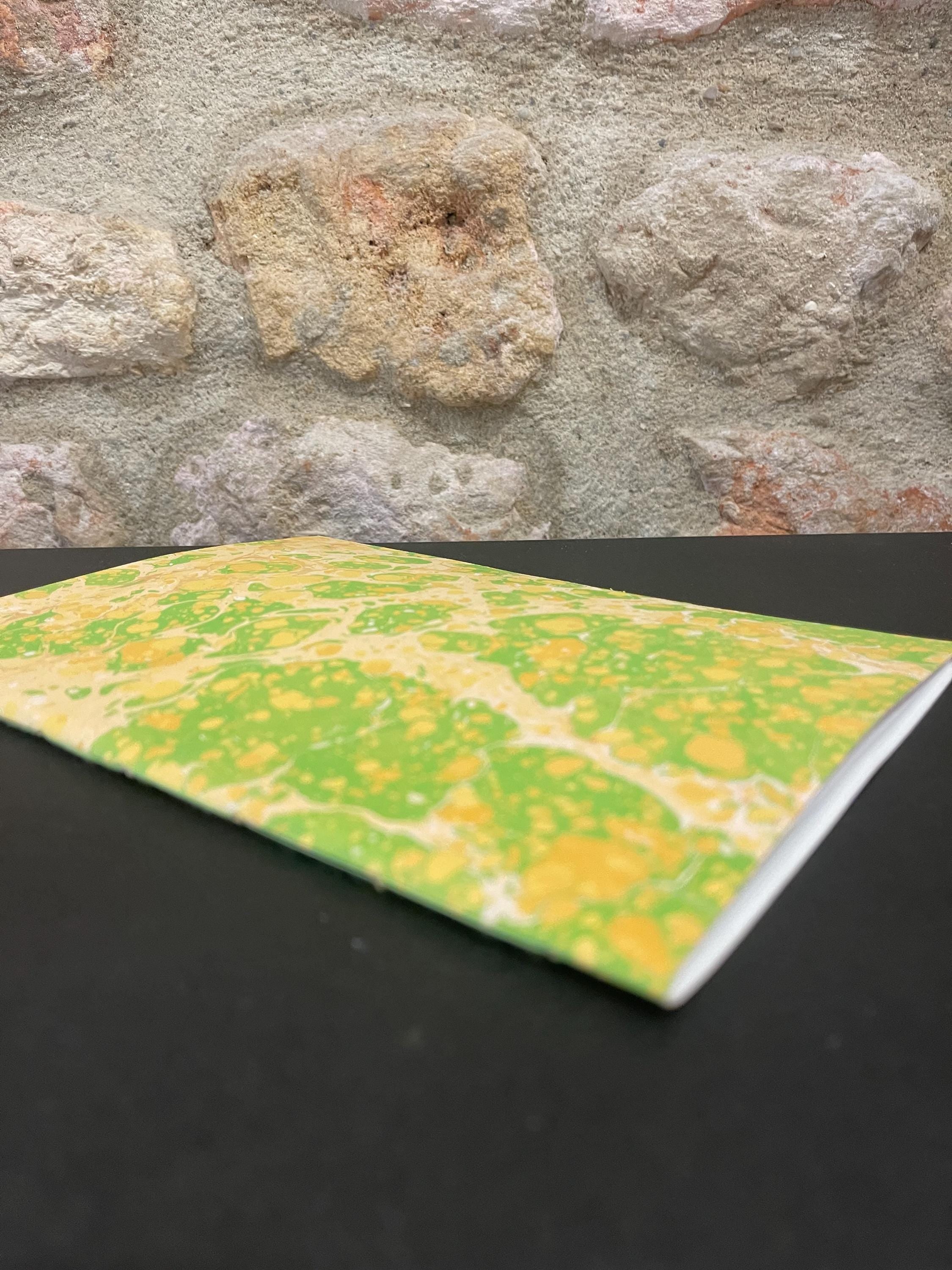 Hand sewn, hand marbled sketchbook, notebook, journal, softcover in sunny yellows and greens with recycled 120g white plain drawing pages.