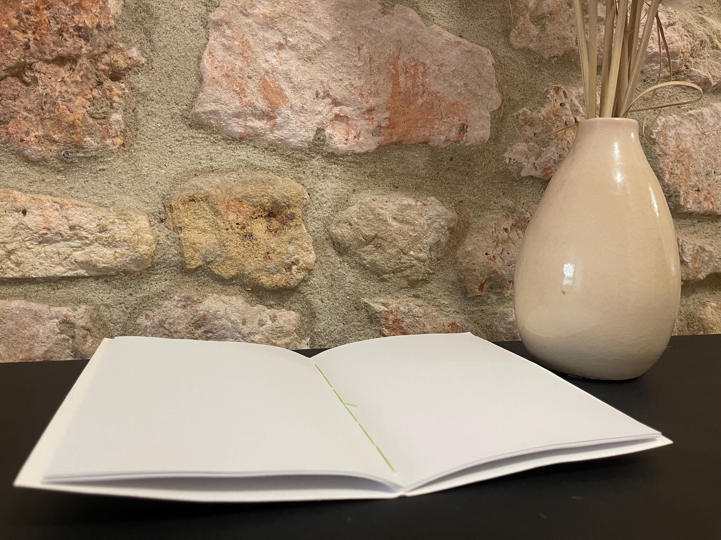 Hand sewn, hand marbled sketchbook, notebook, journal, softcover in sunny yellows and greens with recycled 120g white plain drawing pages.