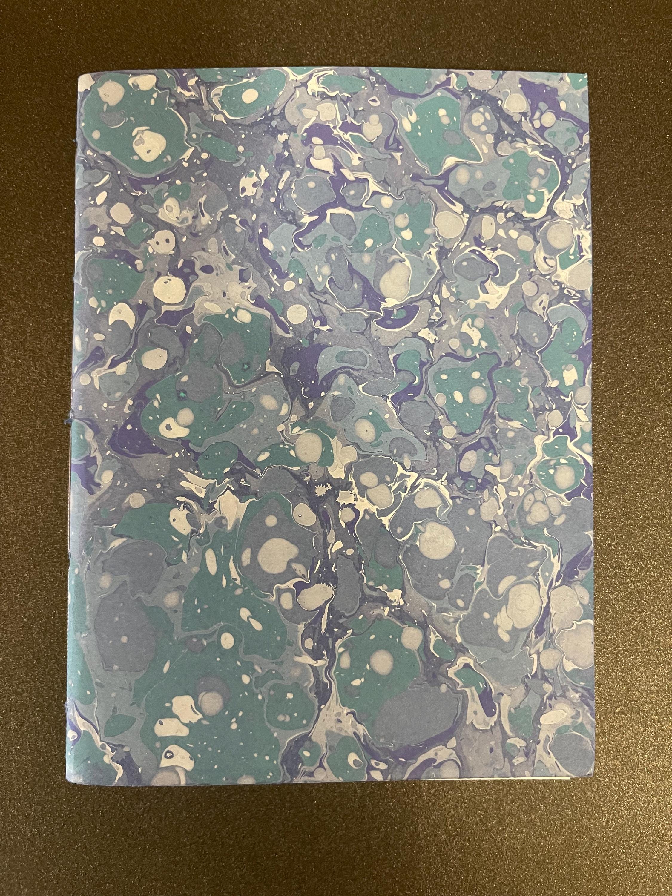 Pocket lined notebook, hand sewn, hand marbled soft cover, A6, in blues, stone pattern with 80 pages of lined 80g/m2 paper. Unique gift.