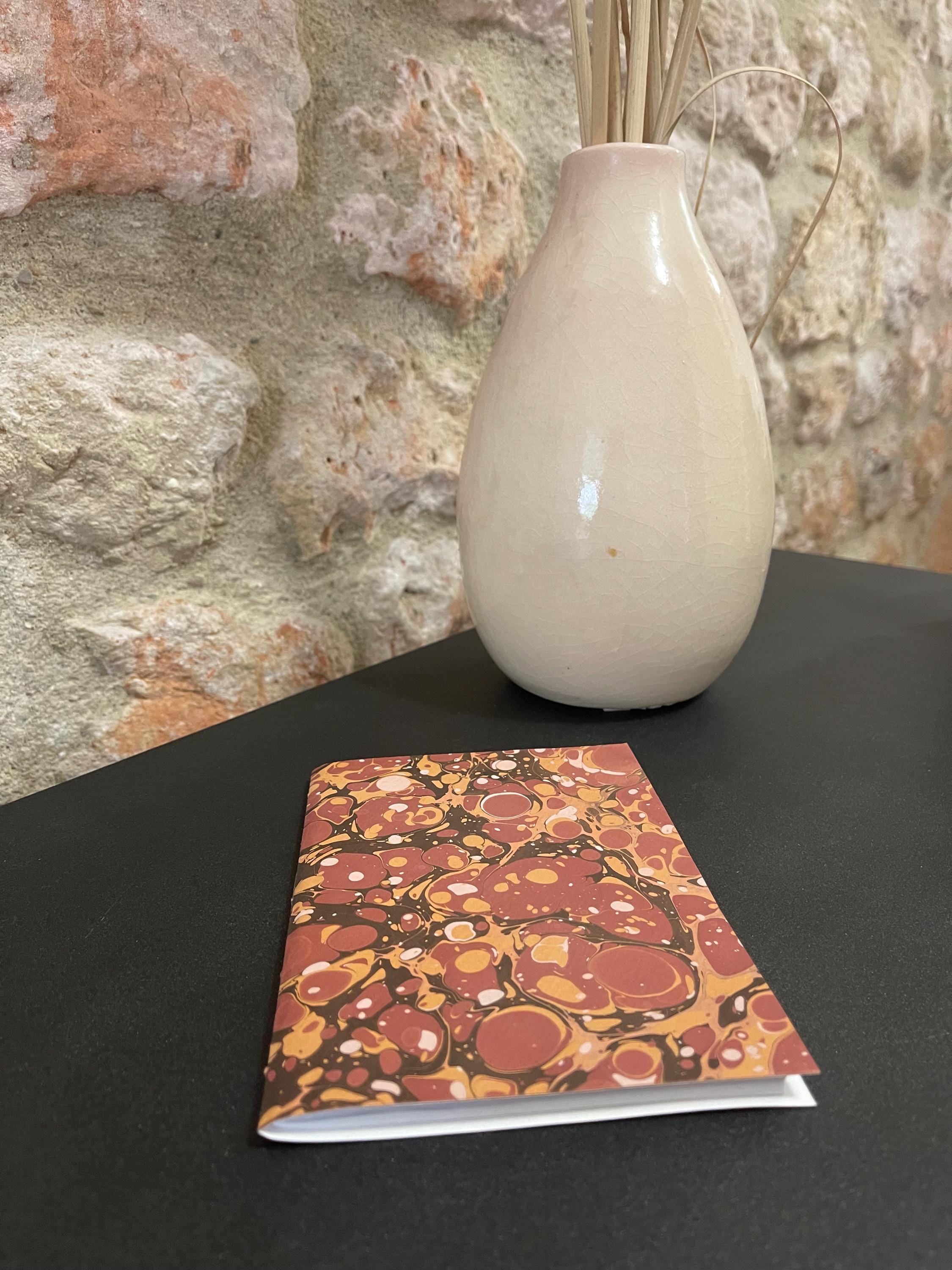 Pocket lined notebook, hand sewn, hand marbled soft cover, A6, in browns, stone pattern with 80 pages of lined 80g/m2 paper. Unique gift.