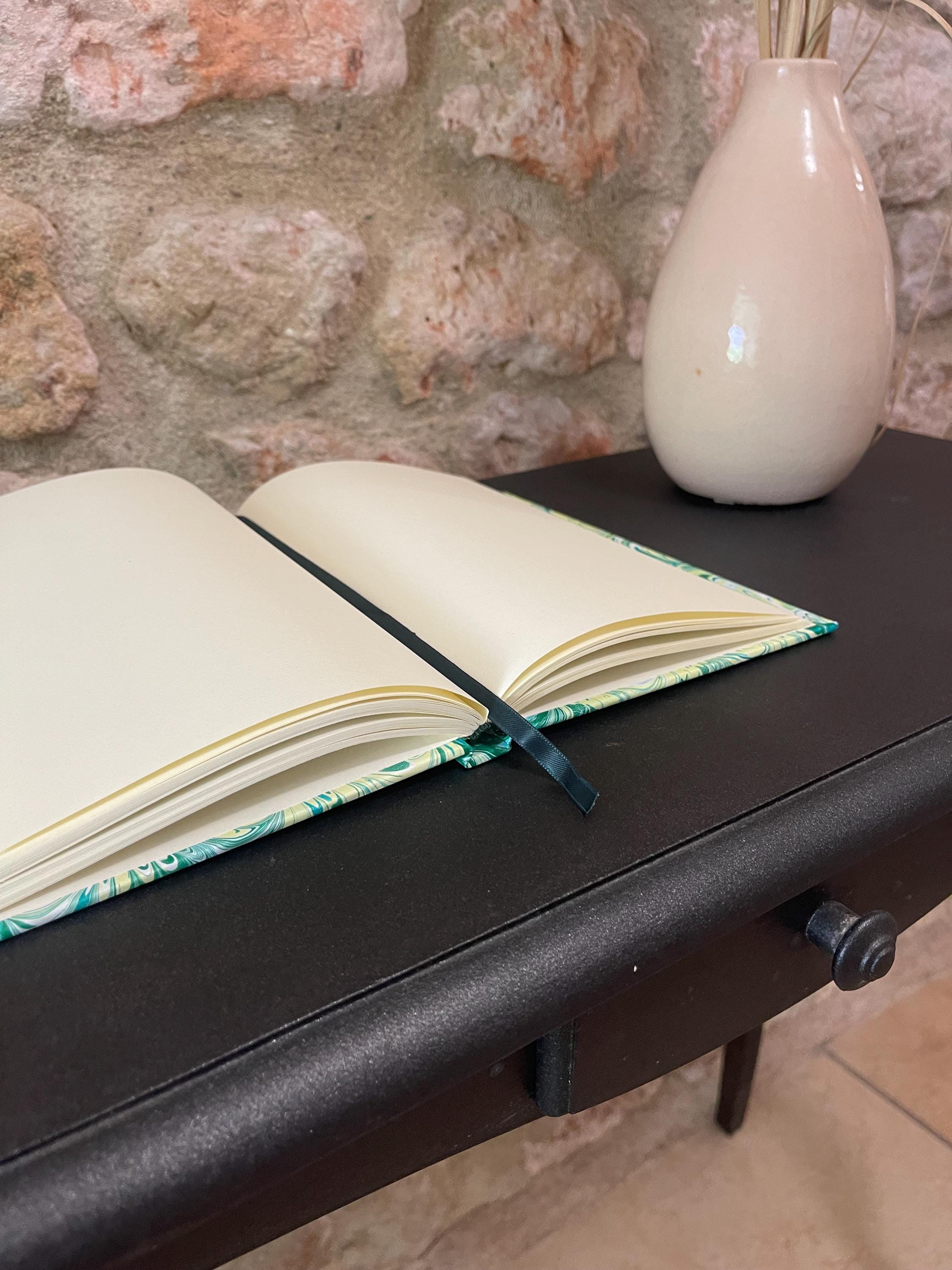 Handmade A5 Sketchbook /Journal in yellow and green flora bouquet pattern with a Hand Marbled Hard Cover - 160 plain pages