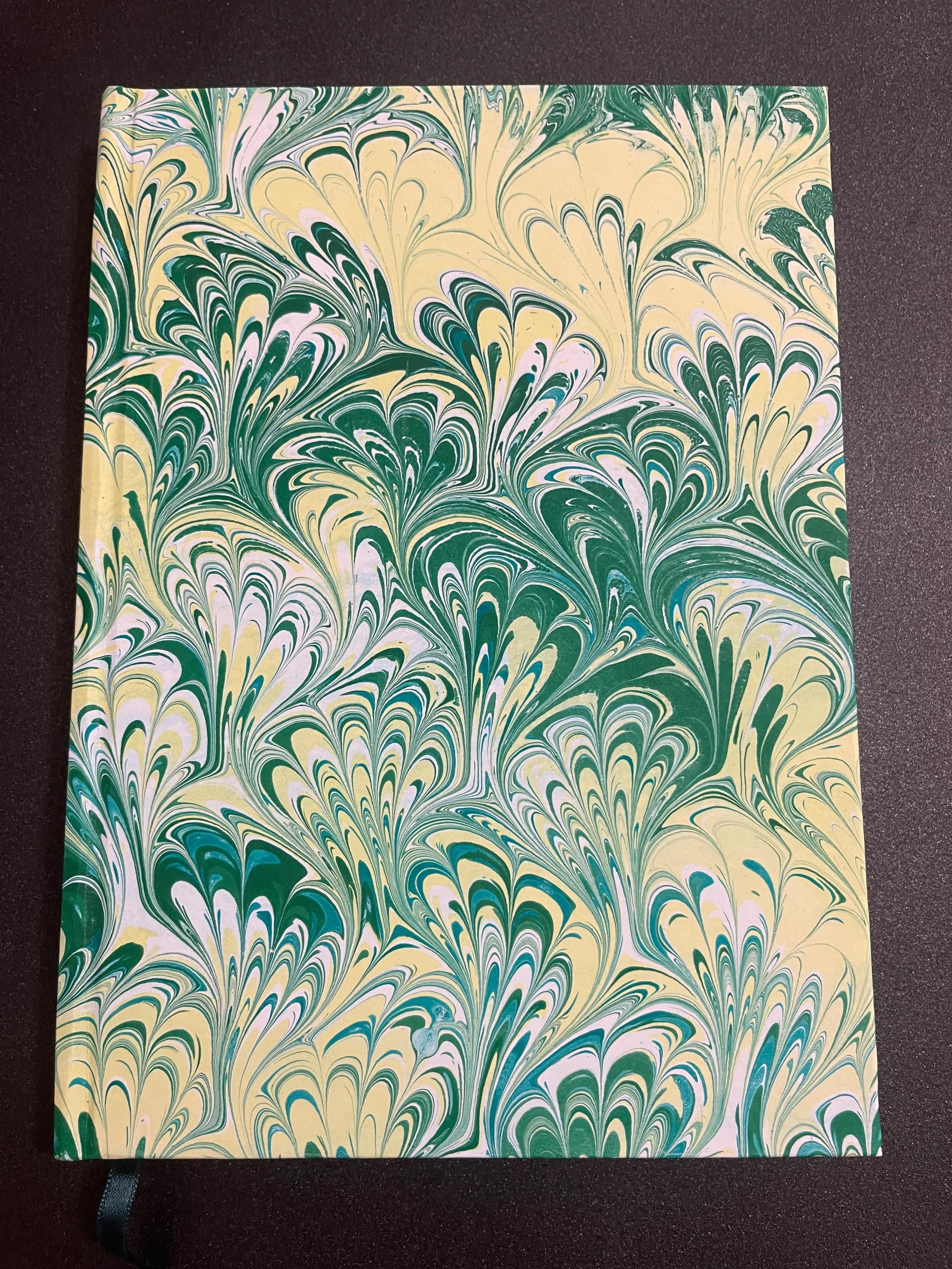Handmade A5 Sketchbook /Journal in yellow and green flora bouquet pattern with a Hand Marbled Hard Cover - 160 plain pages