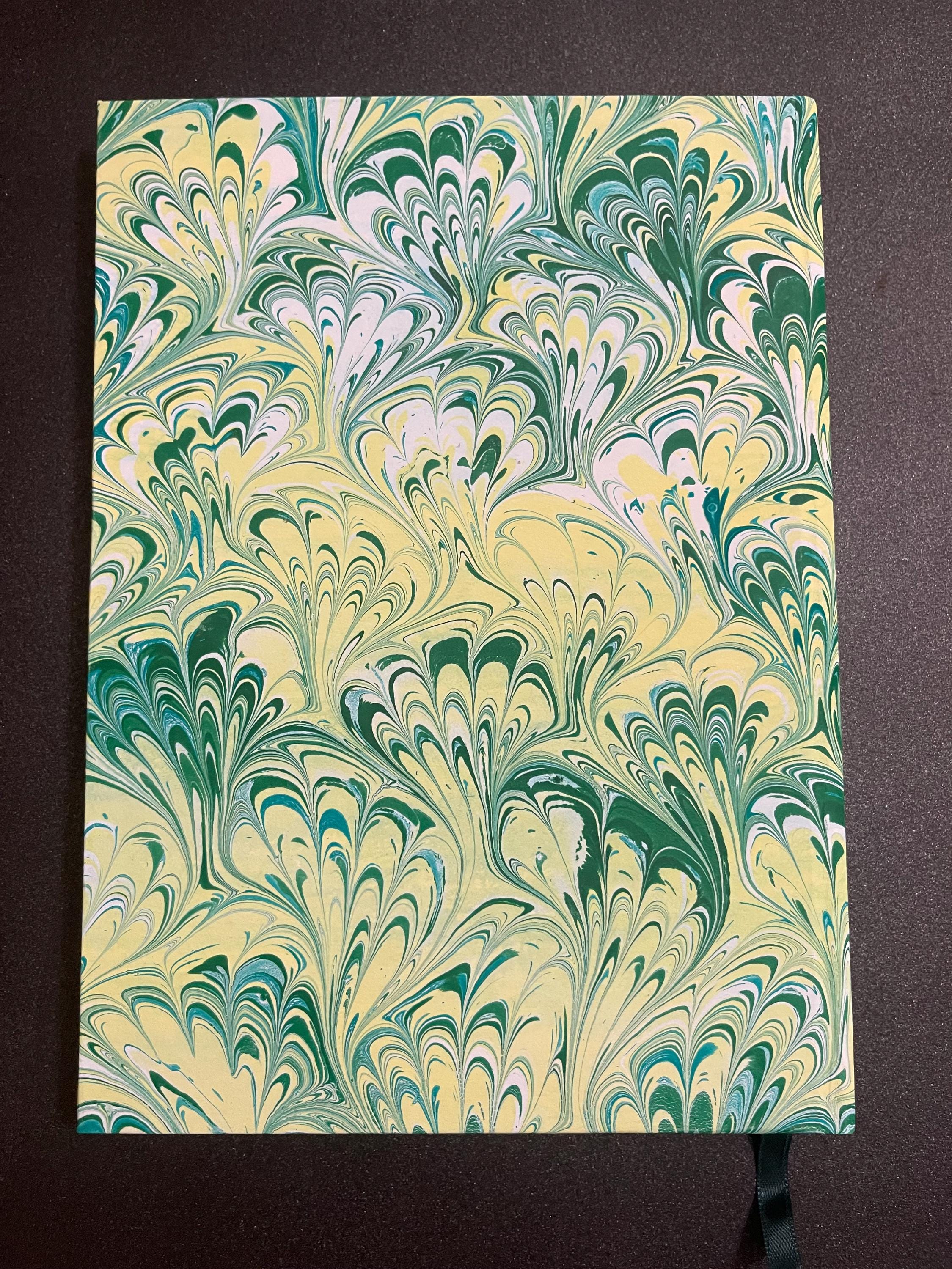 Handmade A5 Sketchbook /Journal in yellow and green flora bouquet pattern with a Hand Marbled Hard Cover - 160 plain pages