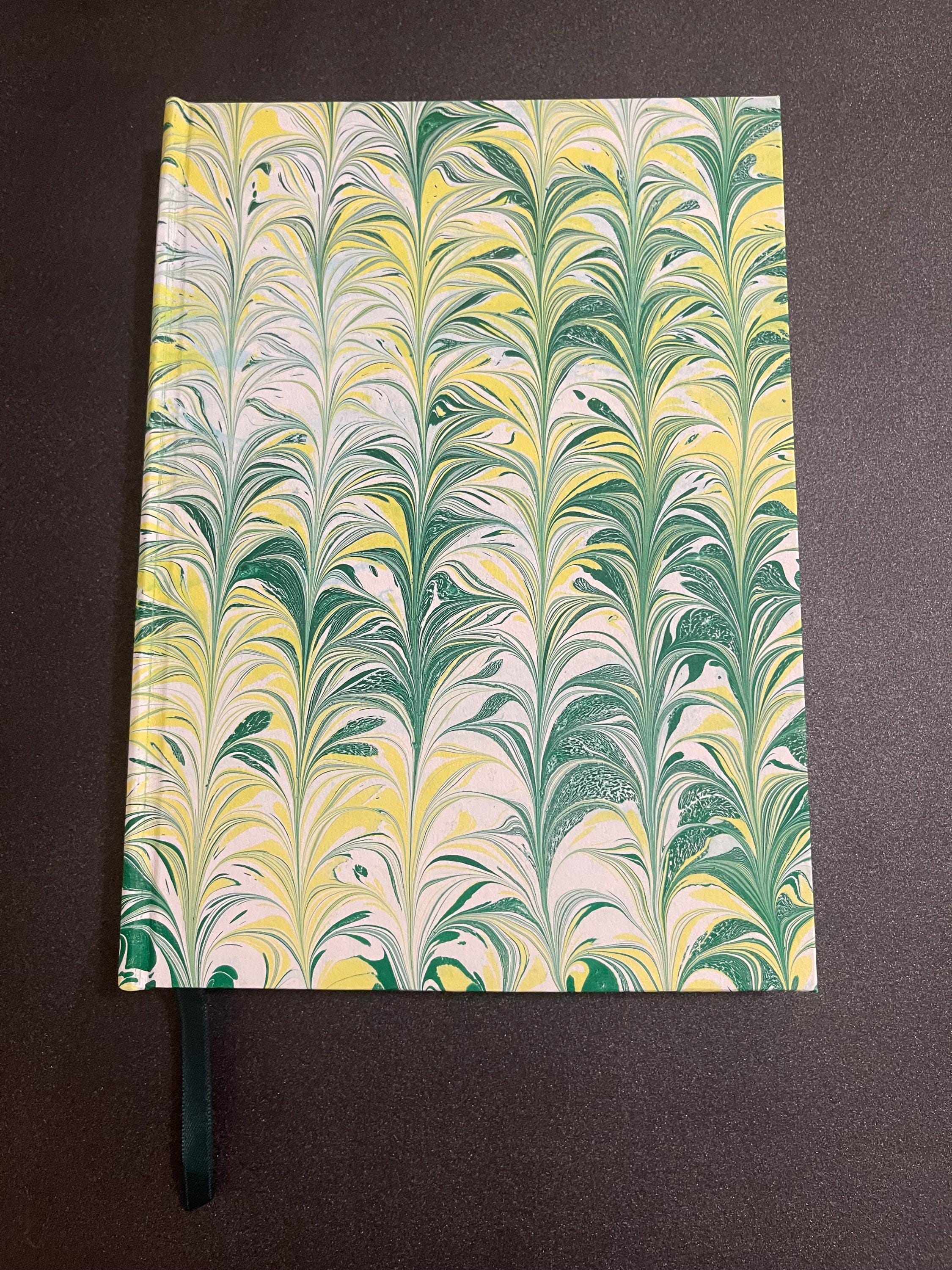 Handmade A5 Sketchbook /Journal in yellow and green organic fern pattern with a Hand Marbled Hard Cover - 160 plain pages