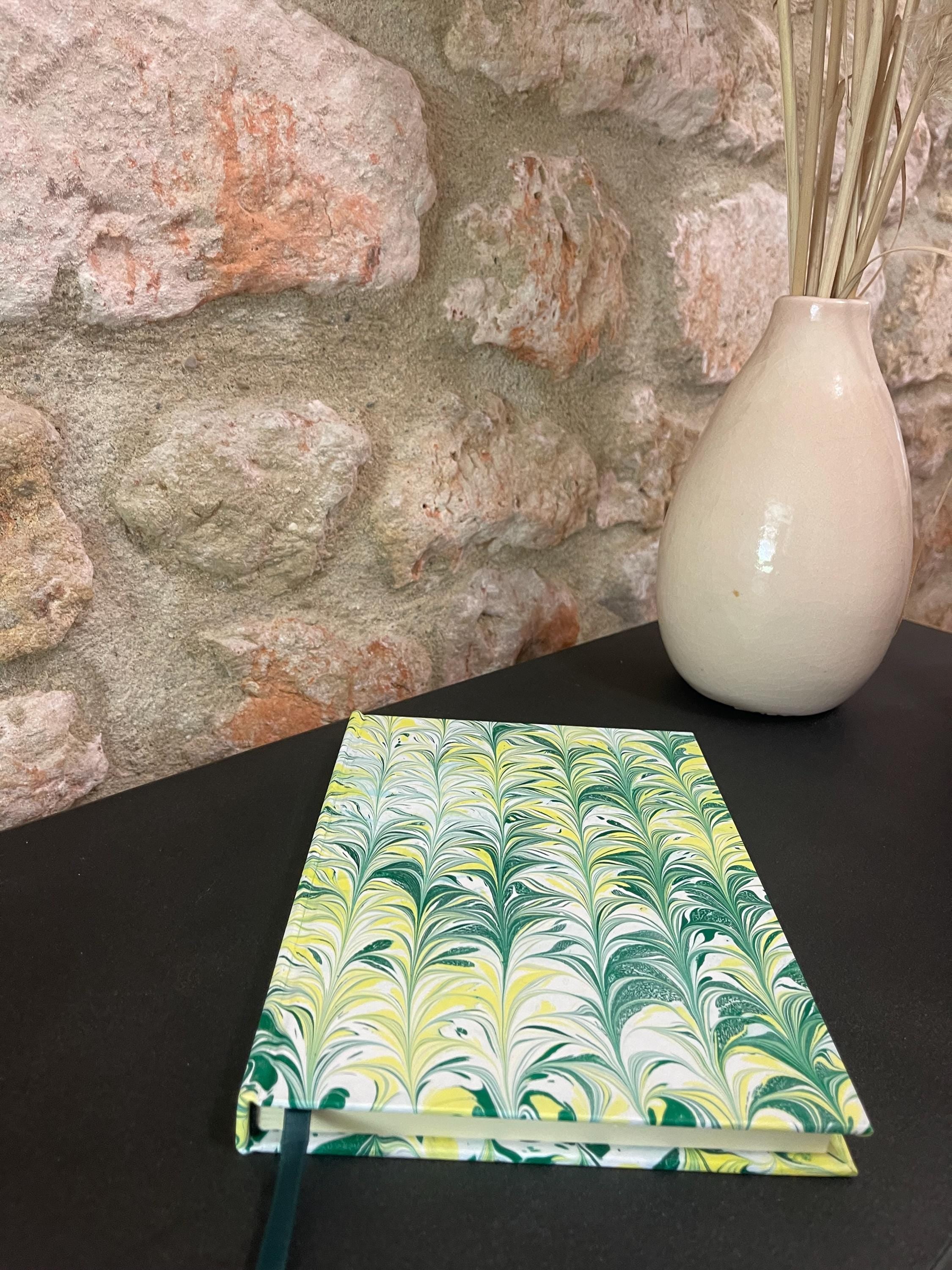 Handmade A5 Sketchbook /Journal in yellow and green organic fern pattern with a Hand Marbled Hard Cover - 160 plain pages
