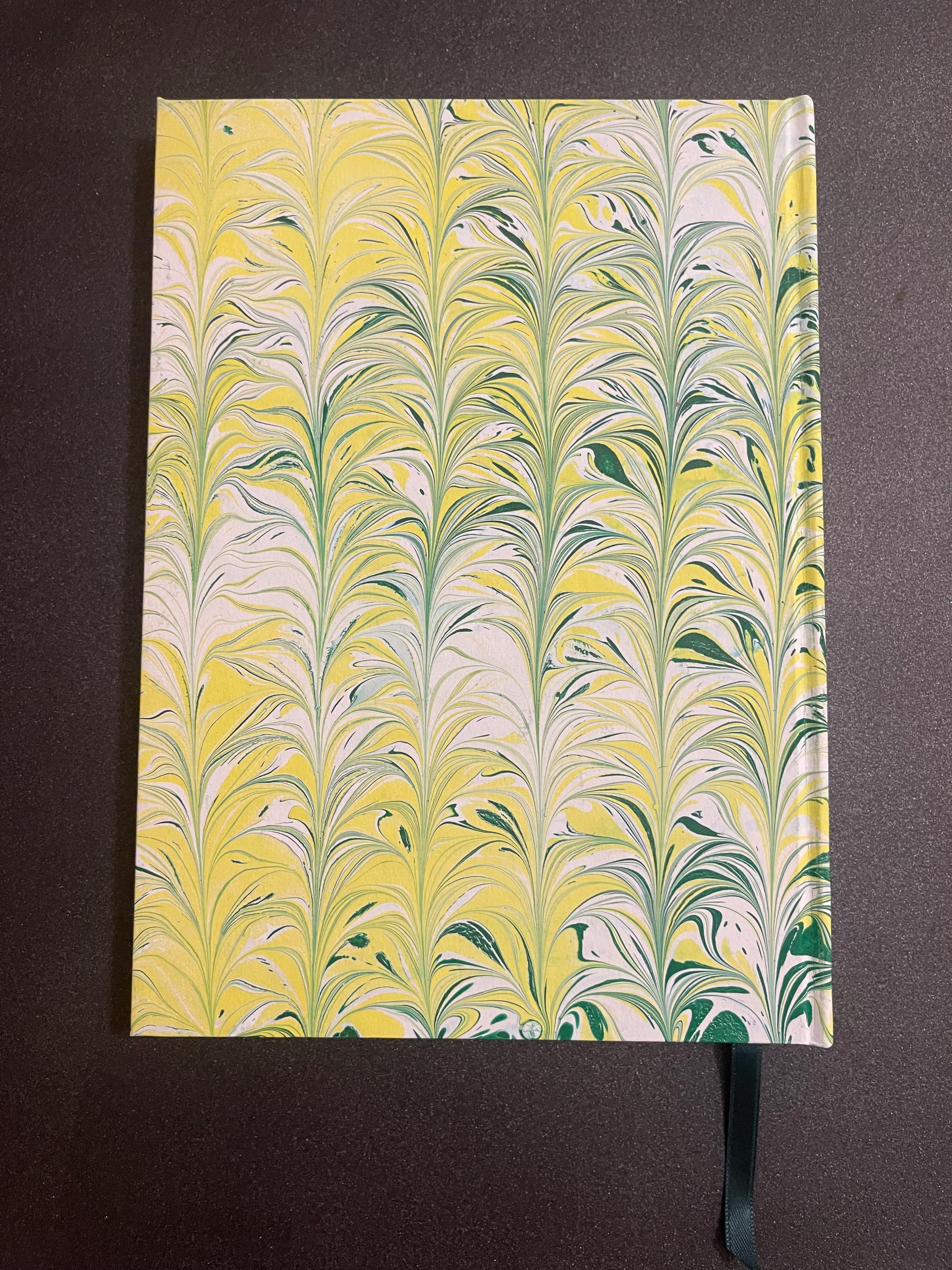Handmade A5 Sketchbook /Journal in yellow and green organic fern pattern with a Hand Marbled Hard Cover - 160 plain pages