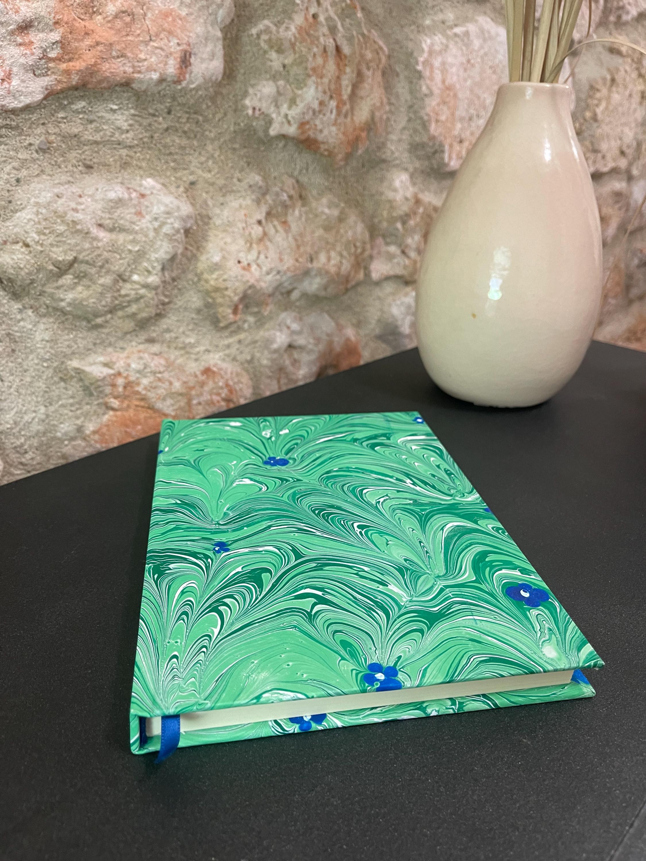 Handmade A5 Sketchbook /Journal in green organic leaf pattern with blue tiny flowers on a Hand Marbled Hard Cover - 160 plain pages