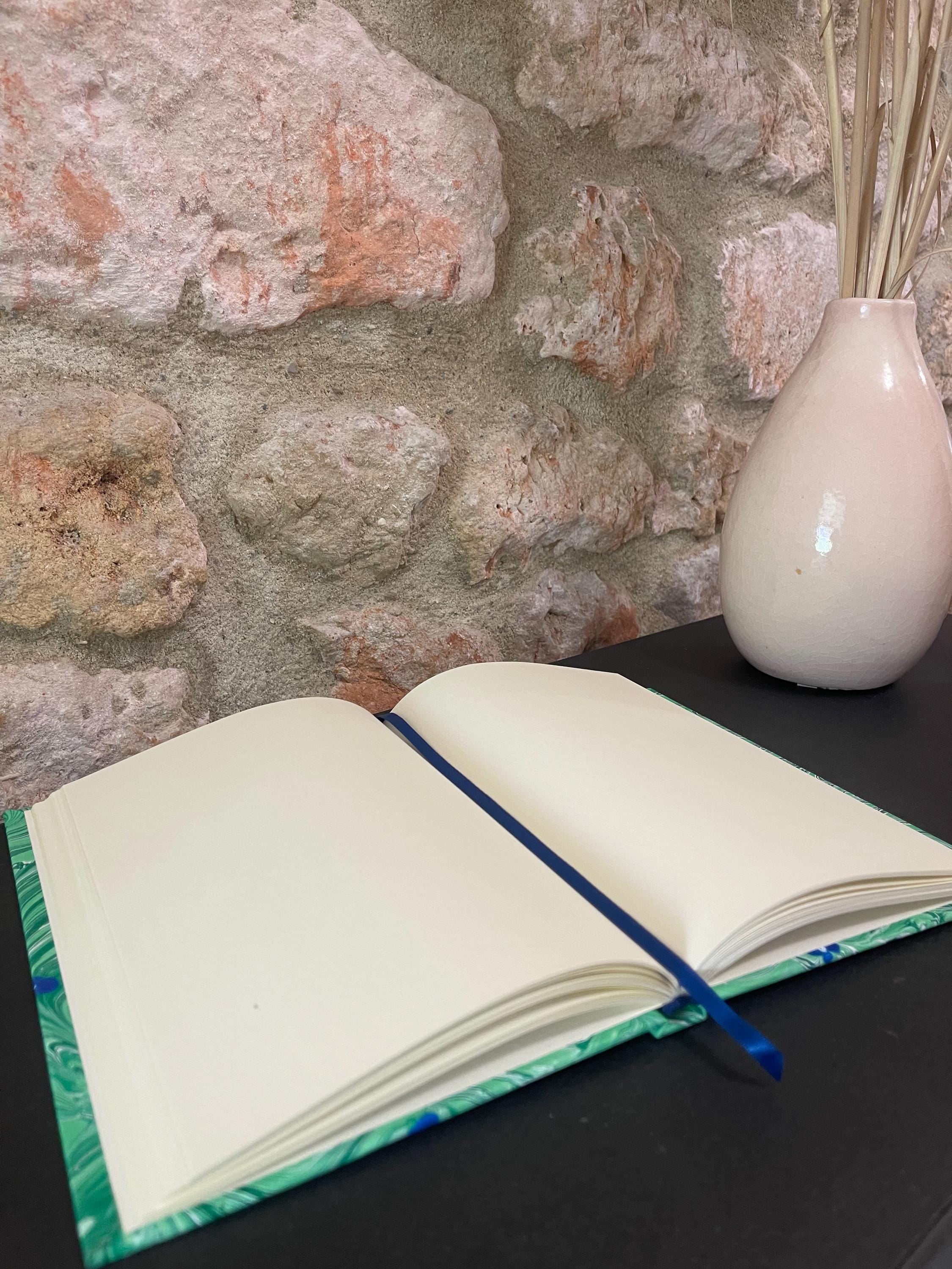 Handmade A5 Sketchbook /Journal in green organic leaf pattern with blue tiny flowers on a Hand Marbled Hard Cover - 160 plain pages
