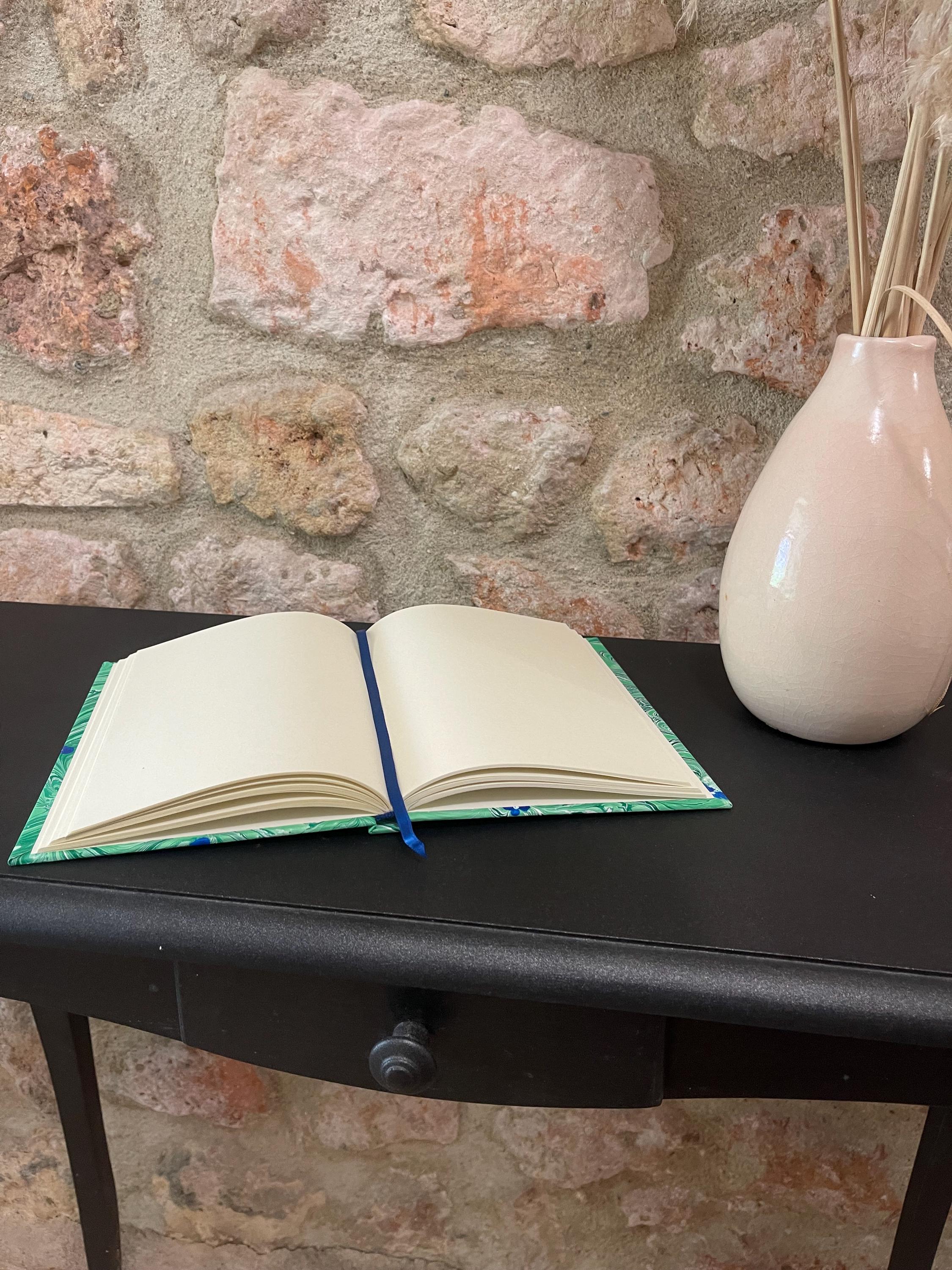 Handmade A5 Sketchbook /Journal in green organic leaf pattern with blue tiny flowers on a Hand Marbled Hard Cover - 160 plain pages